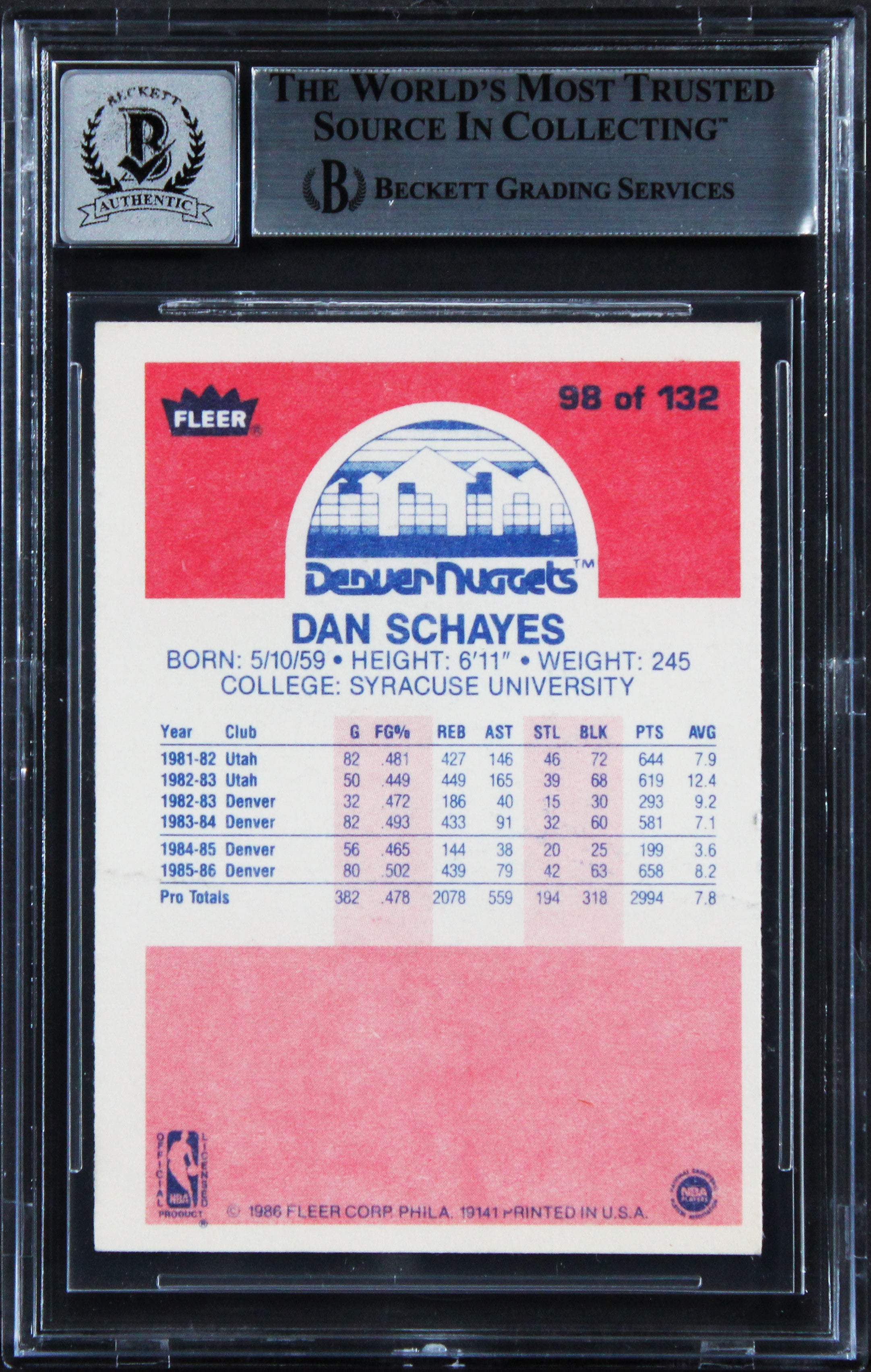 Nuggets Dan Schayes Signed 1986 Fleer #98 Card Auto Grade Mint 10! BAS Slabbed