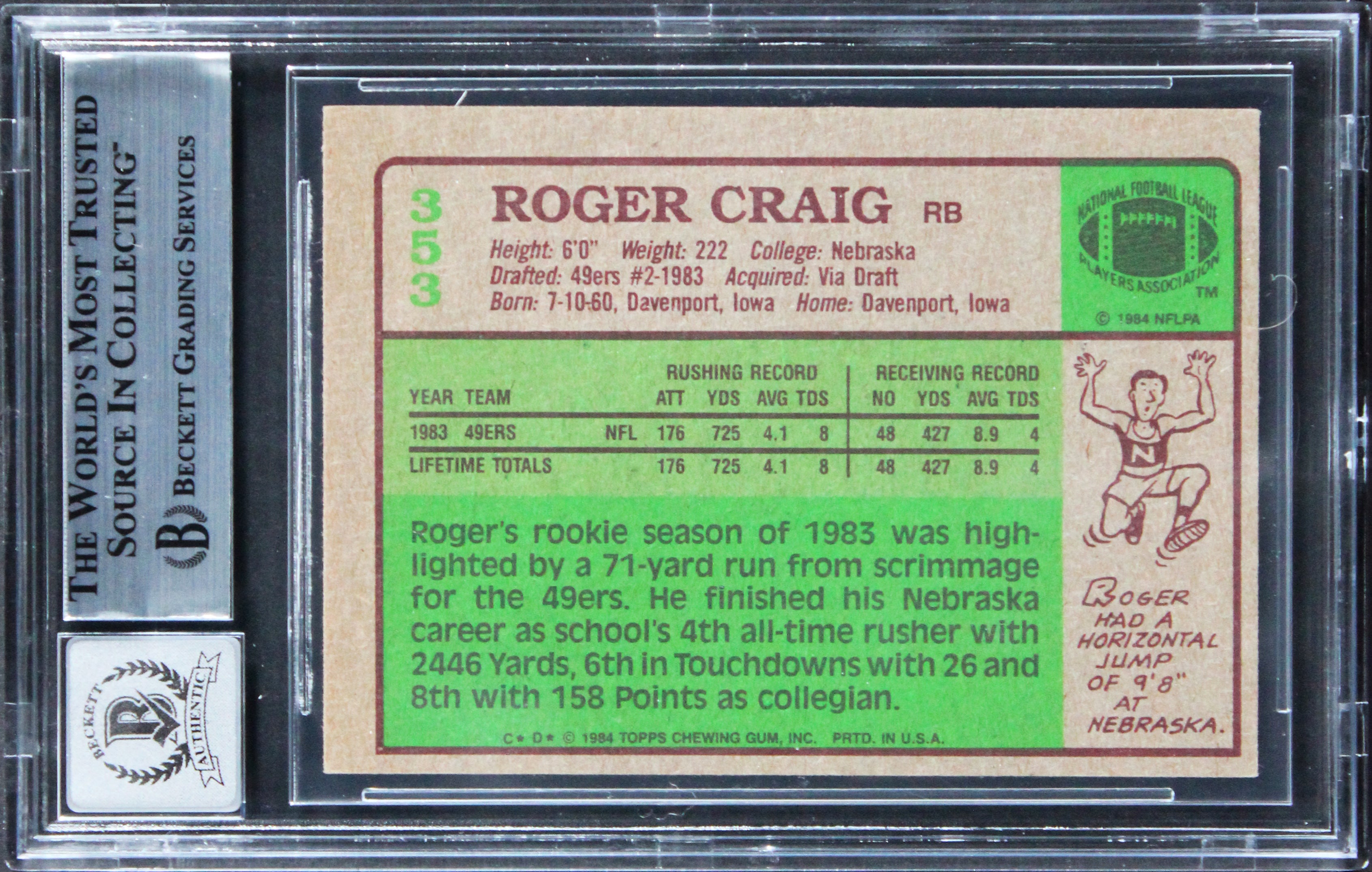 49ers Roger Craig "w/ Insc" Signed 1984 Topps #353 RC Card Auto 10! BAS Slabbed