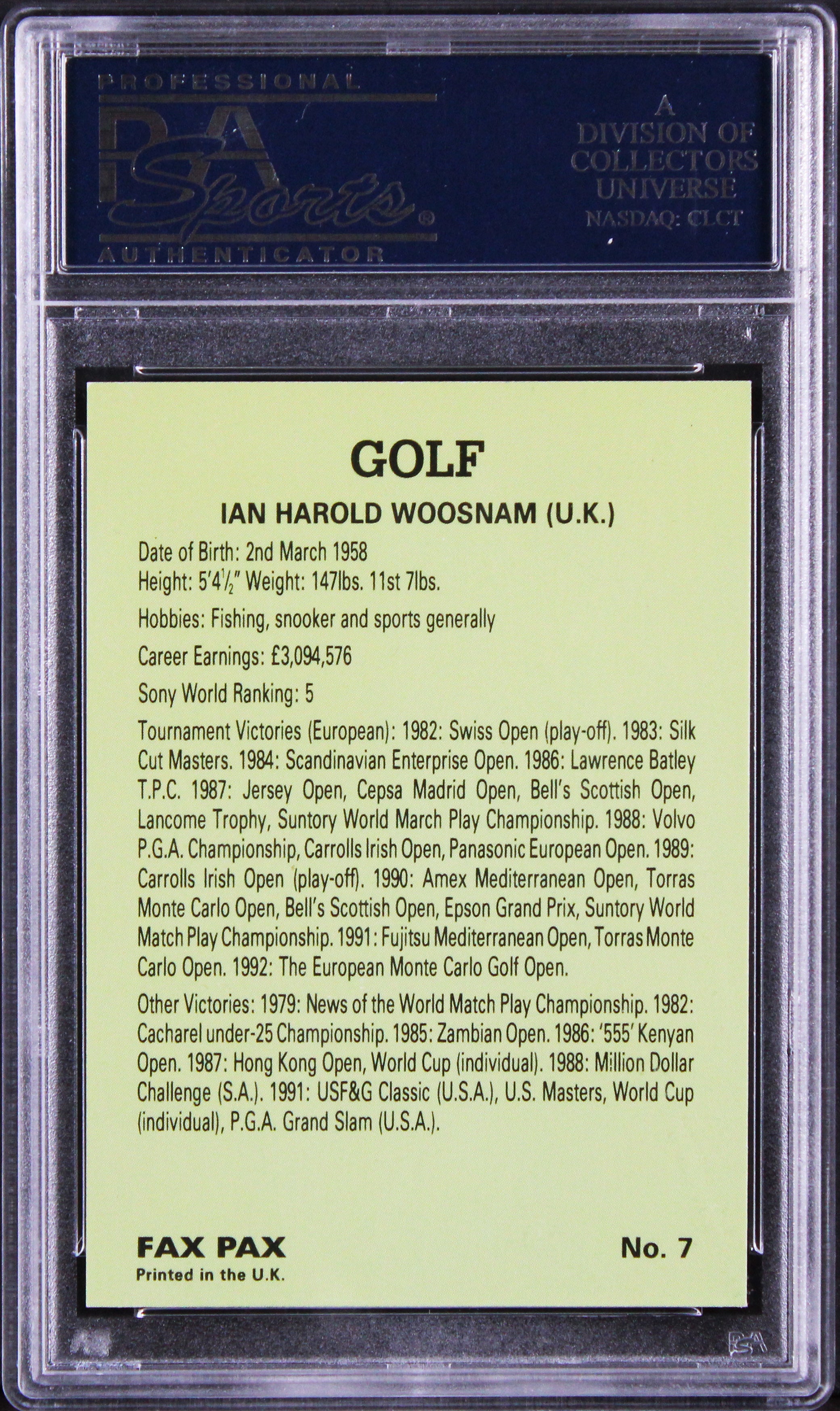Ian Woosnam Authentic Signed Fax Pax Golf #7 Card Autographed PSA/DNA Slabbed