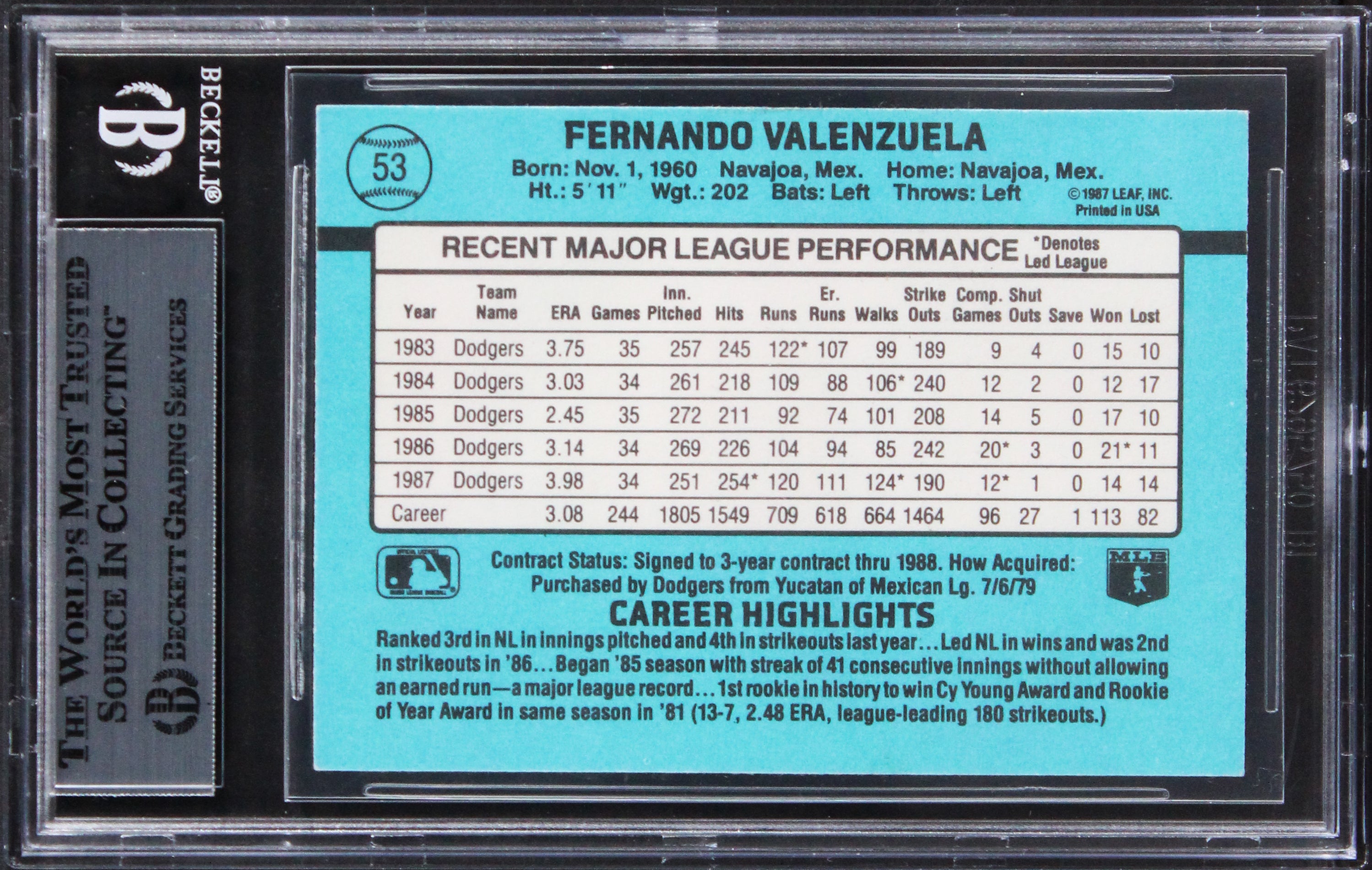 Dodgers Fernando Valenzuela Authentic Signed 1988 Donruss #53 Card BAS Slabbed
