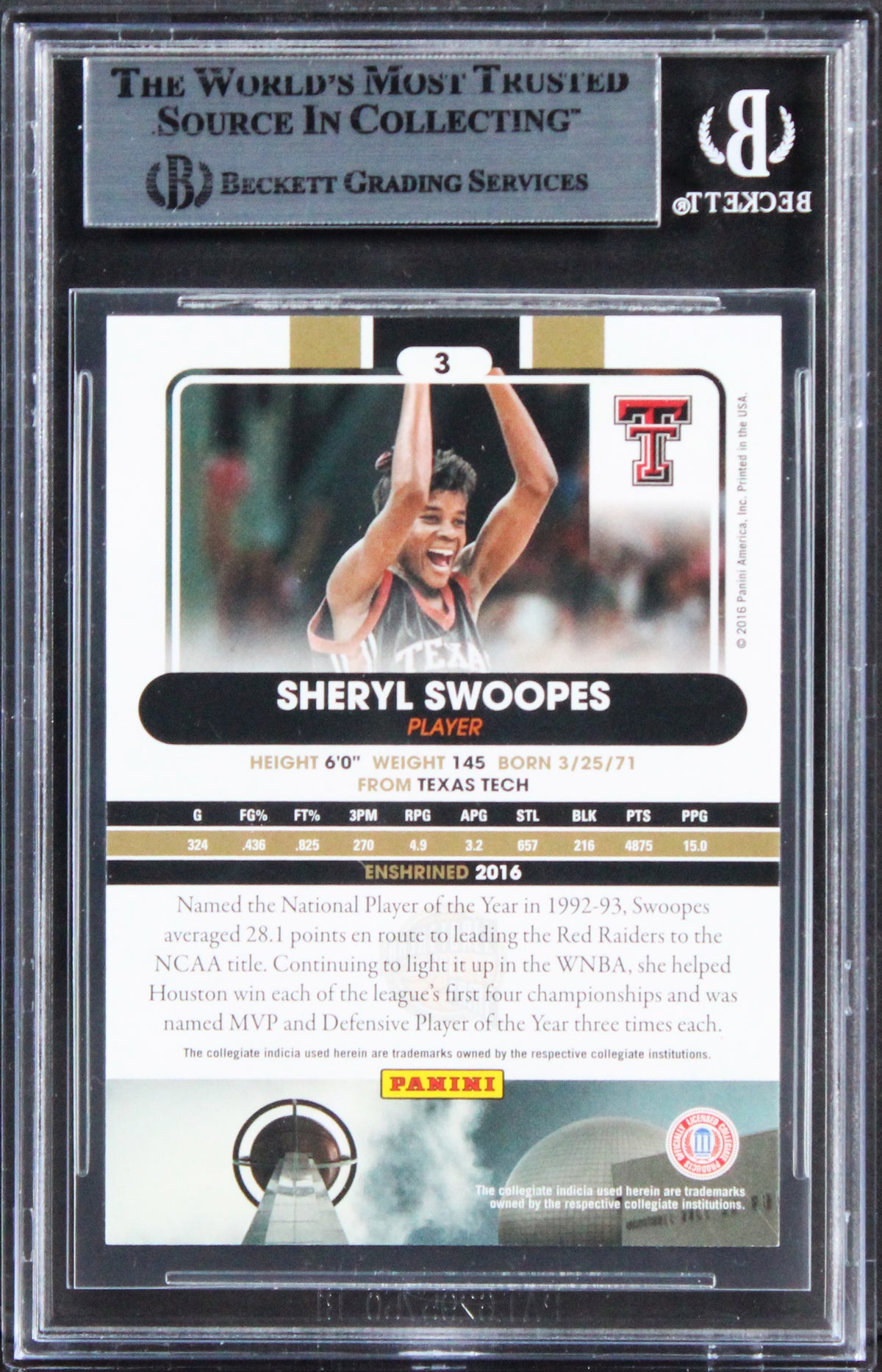 Comets Sheryl Swoopes Signed 2016 Panini HOF 2016 Enshrinement #3 Card BAS Slab