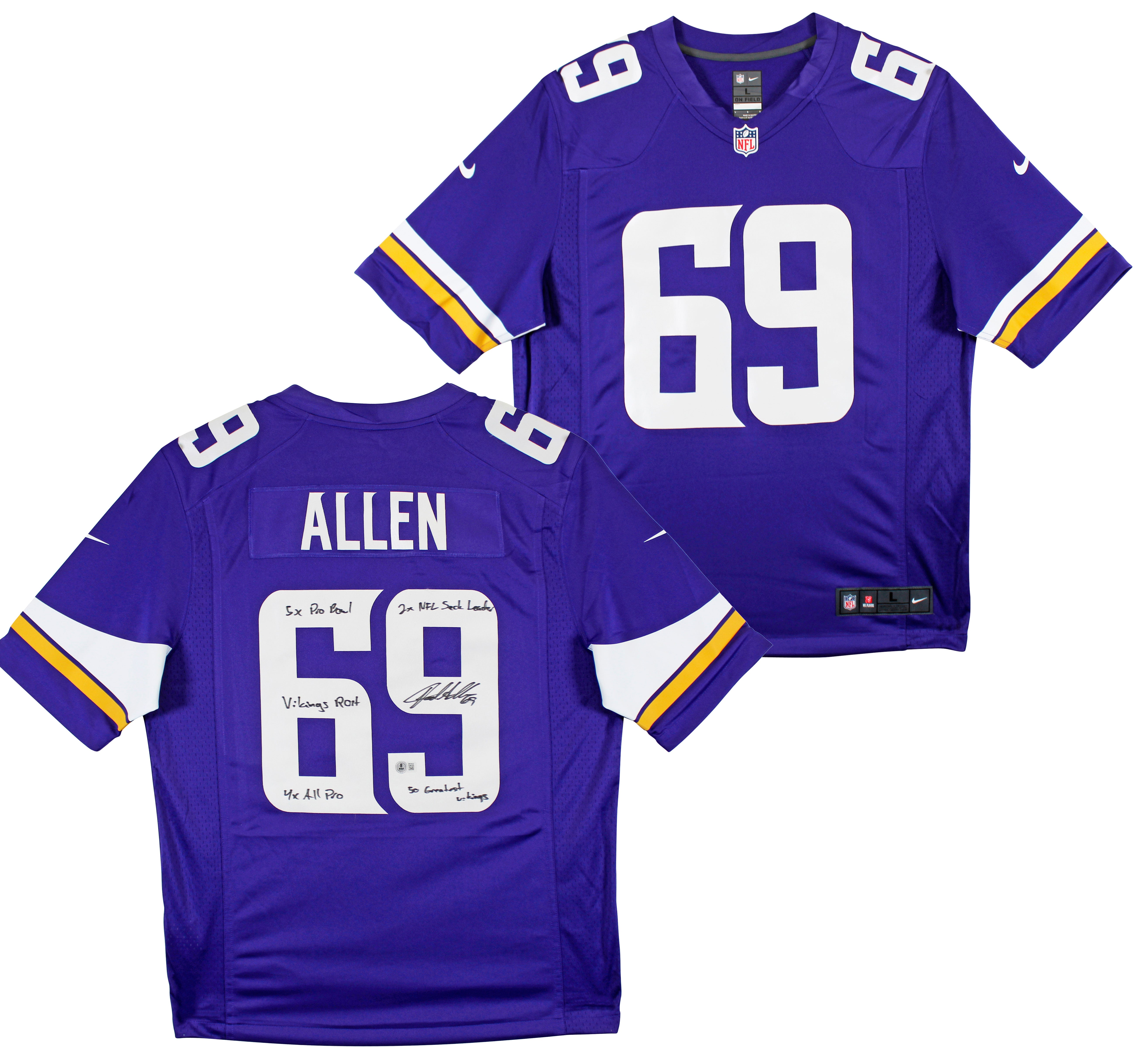 Vikings Jared Allen "5x Insc" Signed Purple Nike Limited Jersey BAS Witnessed