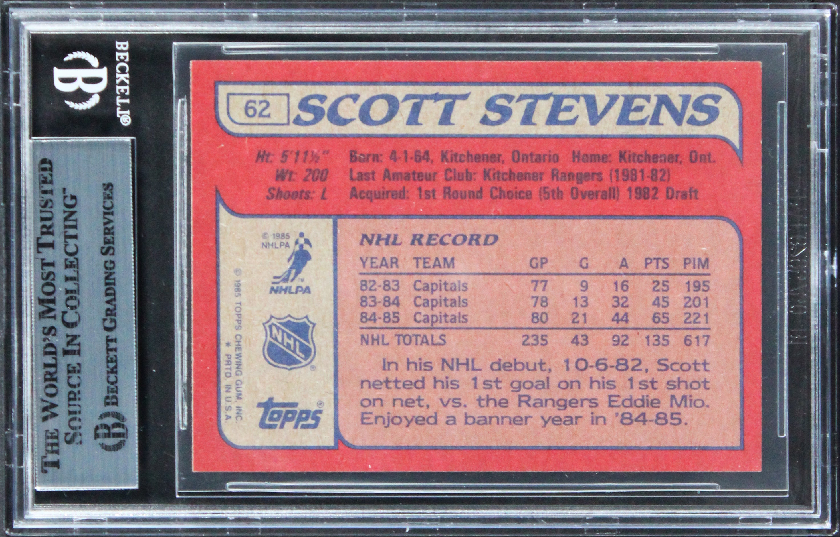 Capitals Scott Stevens Authentic Signed 1985 Topps #62 Card BAS Slabbed