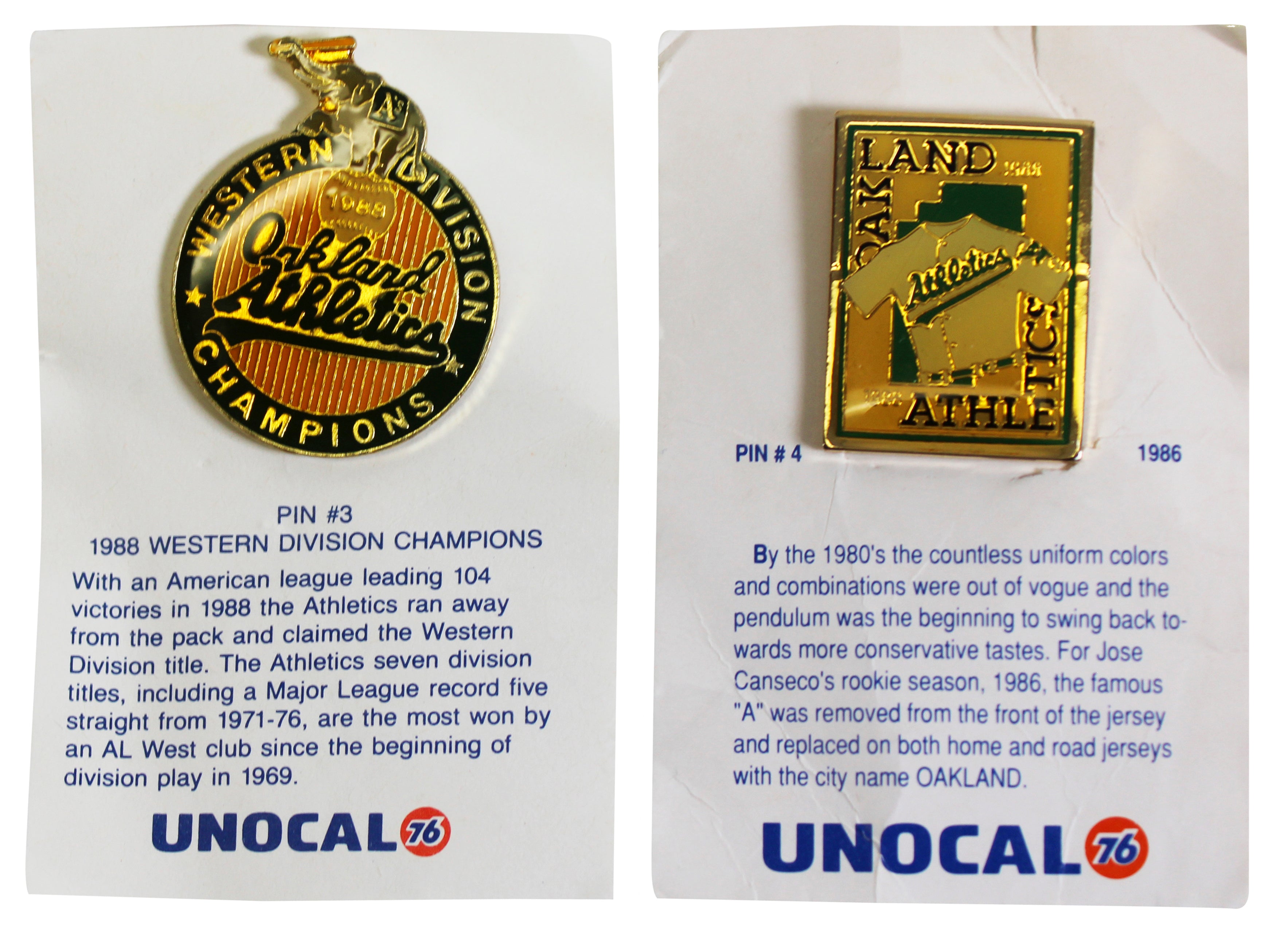 Athletics 1988 Season Collector Pin Set Un-signed 3
