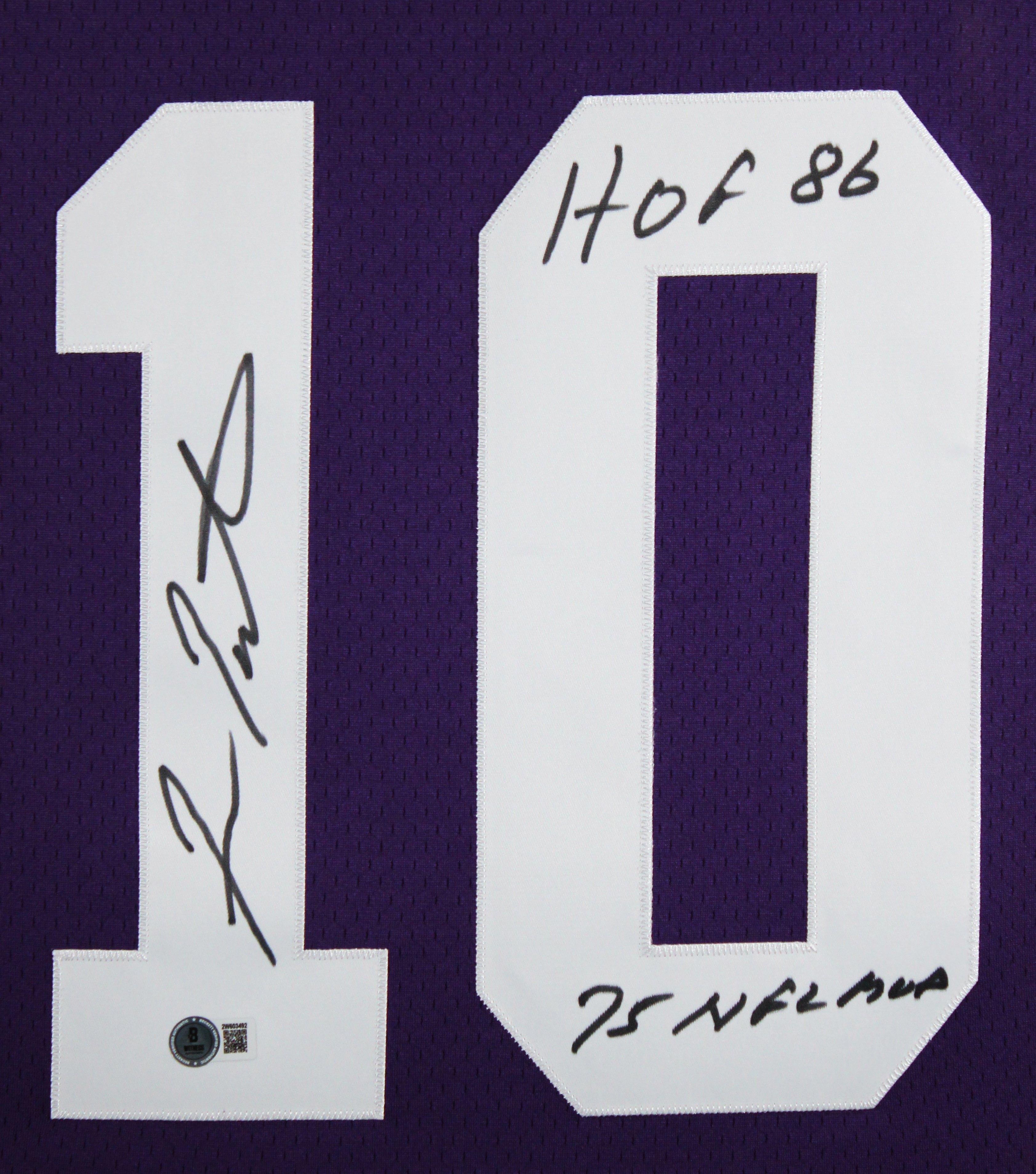 Vikings Fran Tarkenton "2x Insc" Signed Purple M&N TB Framed Jersey BAS Witness