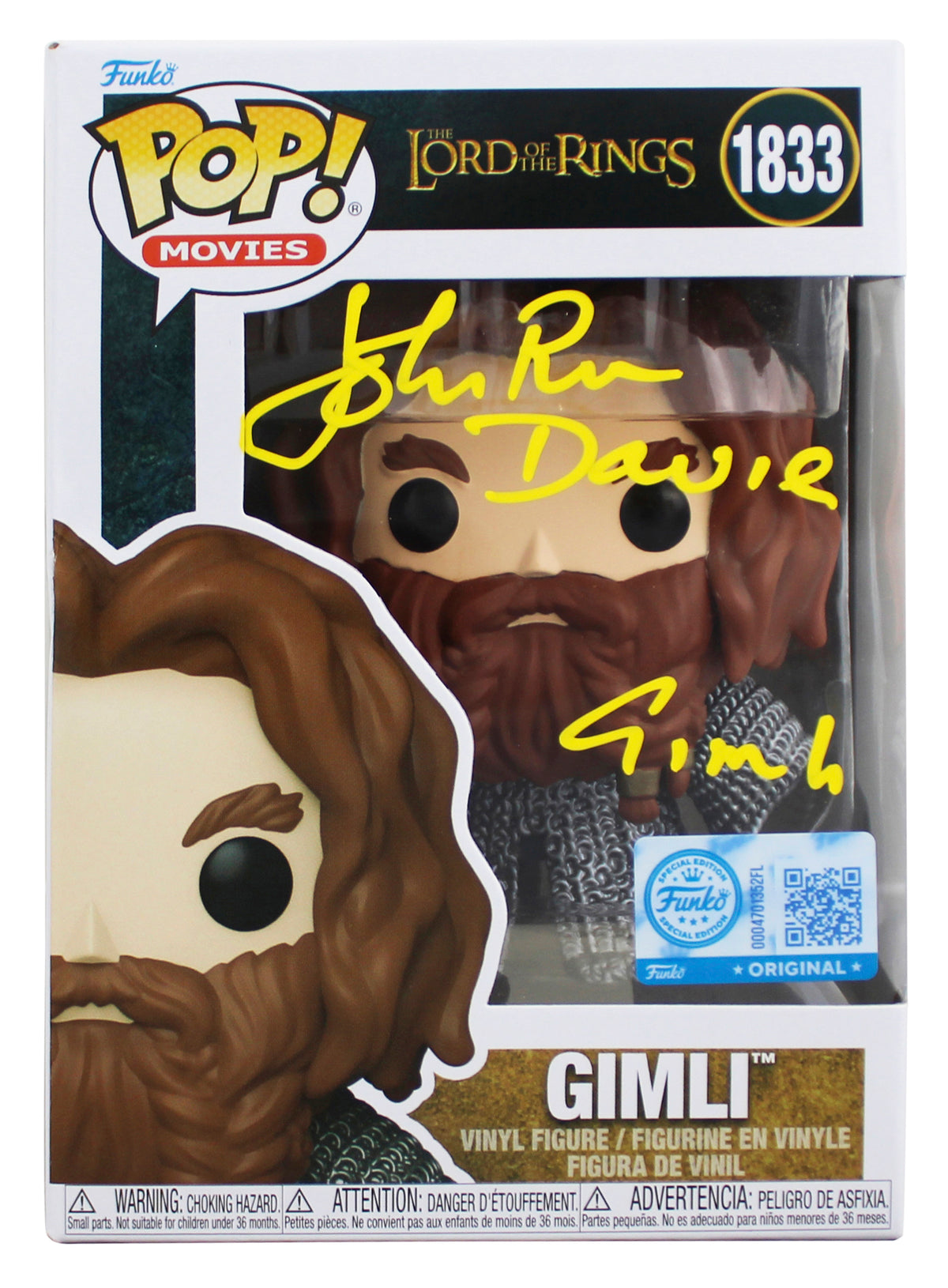 John Rhys-Davies LOTR "Gimli" Signed #1833 Funko Pop Figure w/ Yellow Sig BAS W