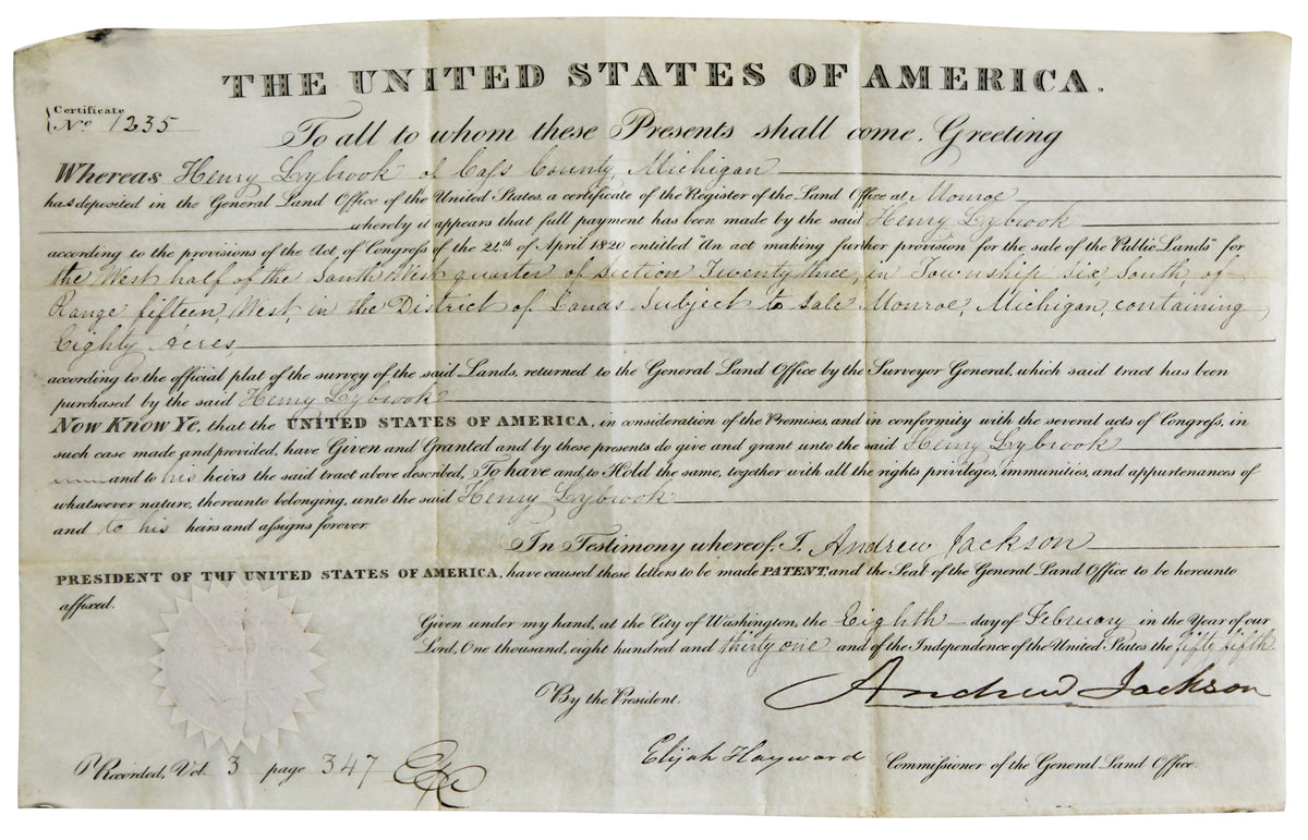 Andrew Jackson Authentic Signed 9.5x15.35 1831 Land Grant Document BAS #AE13540