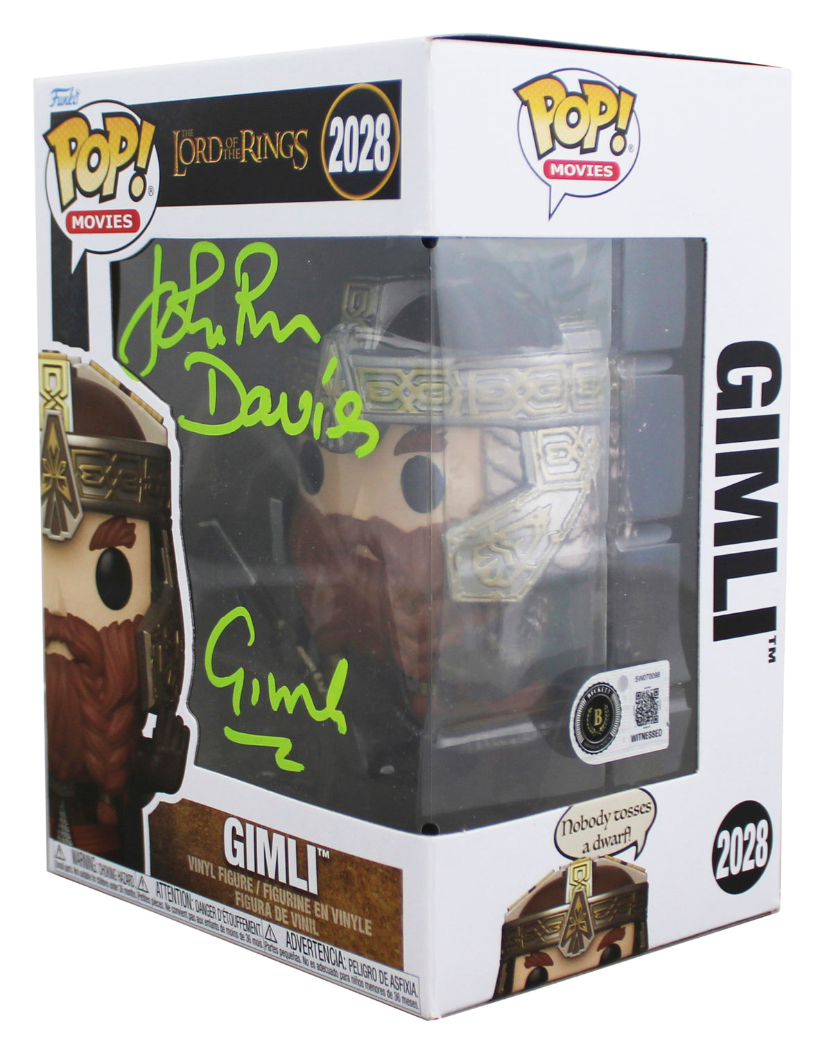 John Rhys-Davies LOTR "Gimli" Signed #2028 Funko Pop Figure w/ Green Sig BAS Wit