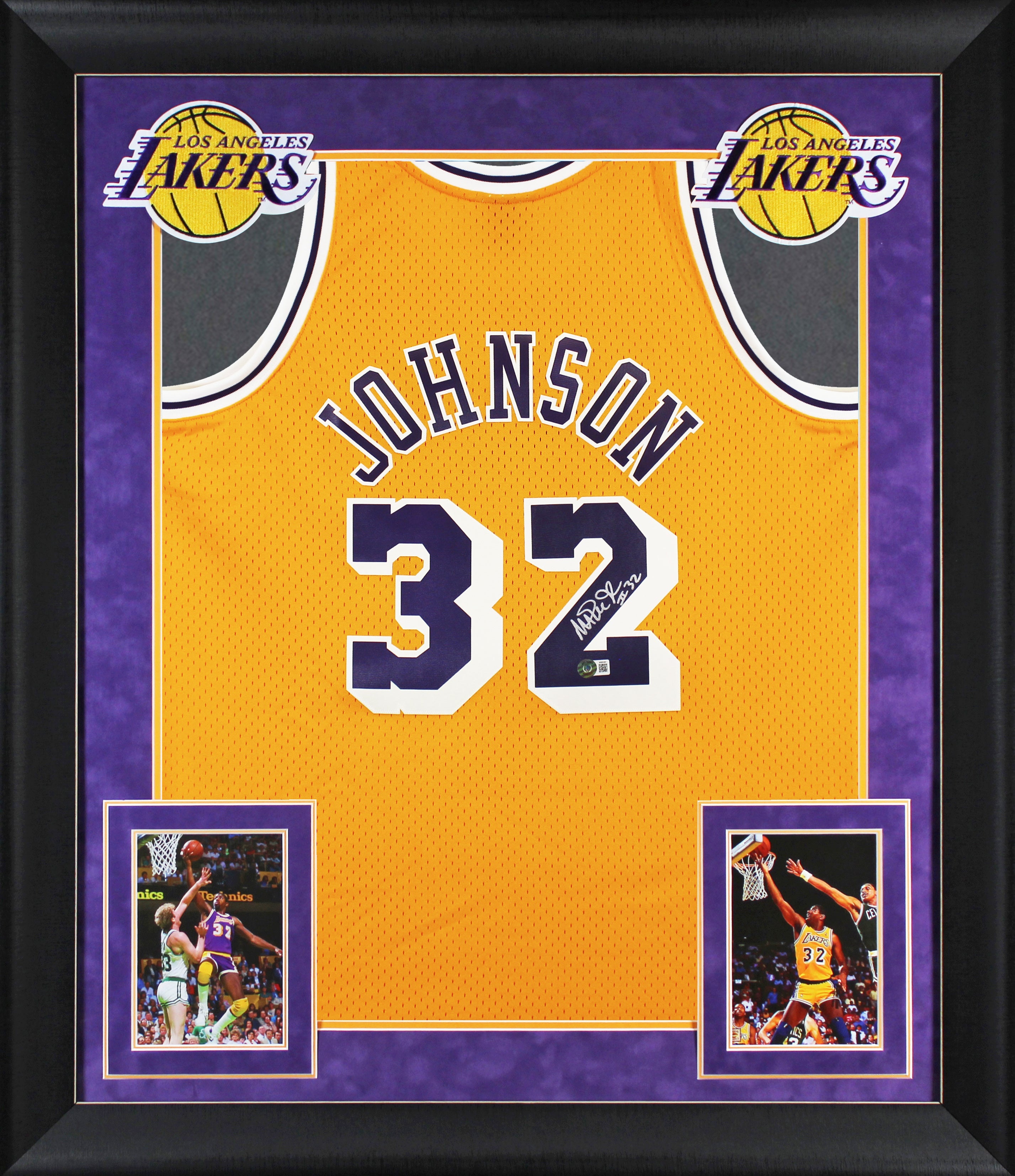 Lakers Magic Johnson "#32" Signed M&N HWC Swingman Yellow Framed Jersey BAS Wit