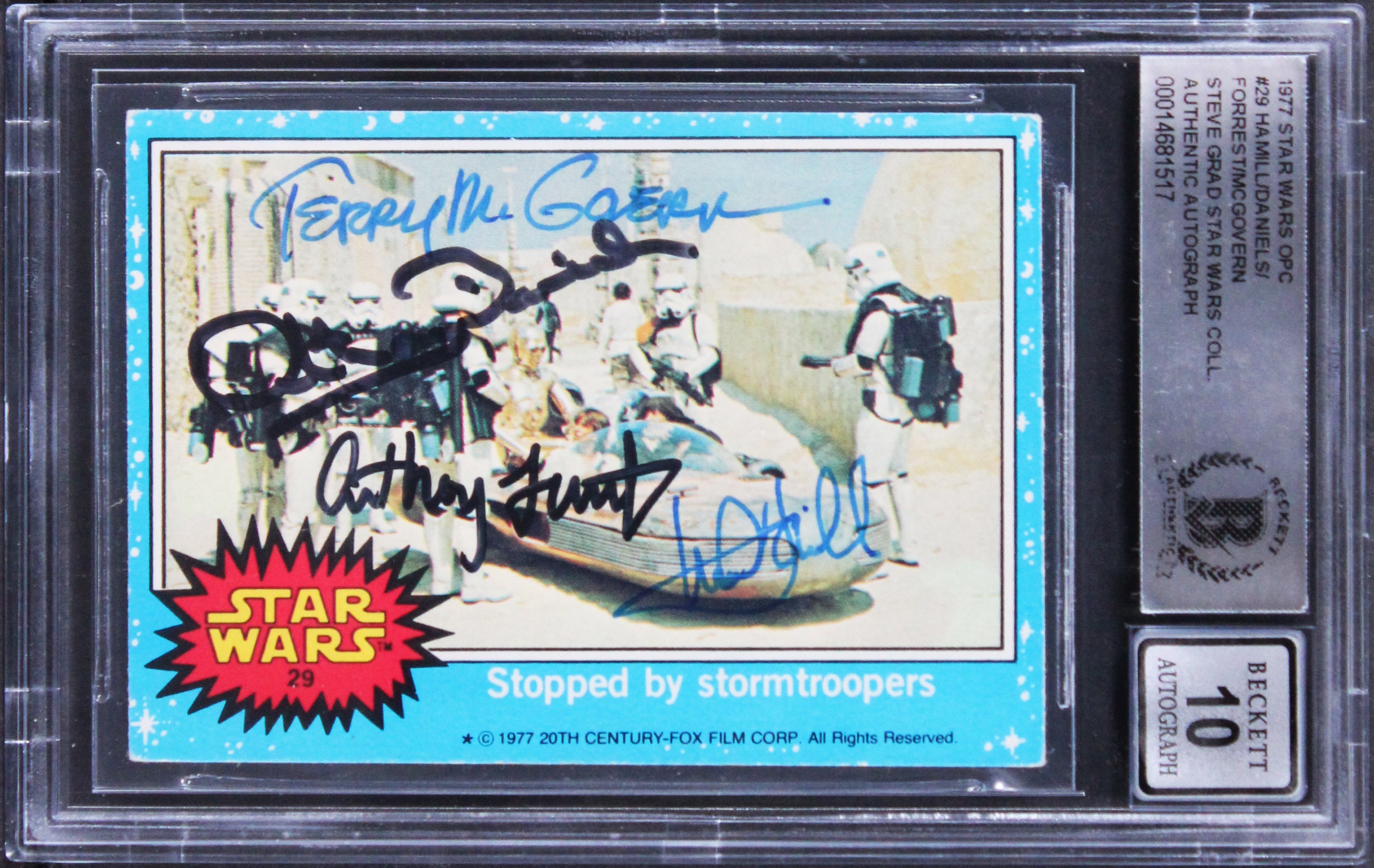 Star Wars (4) Hamill, Daniels +2 Signed 1977 SW OPC #29 Card Auto 10! BAS Slab