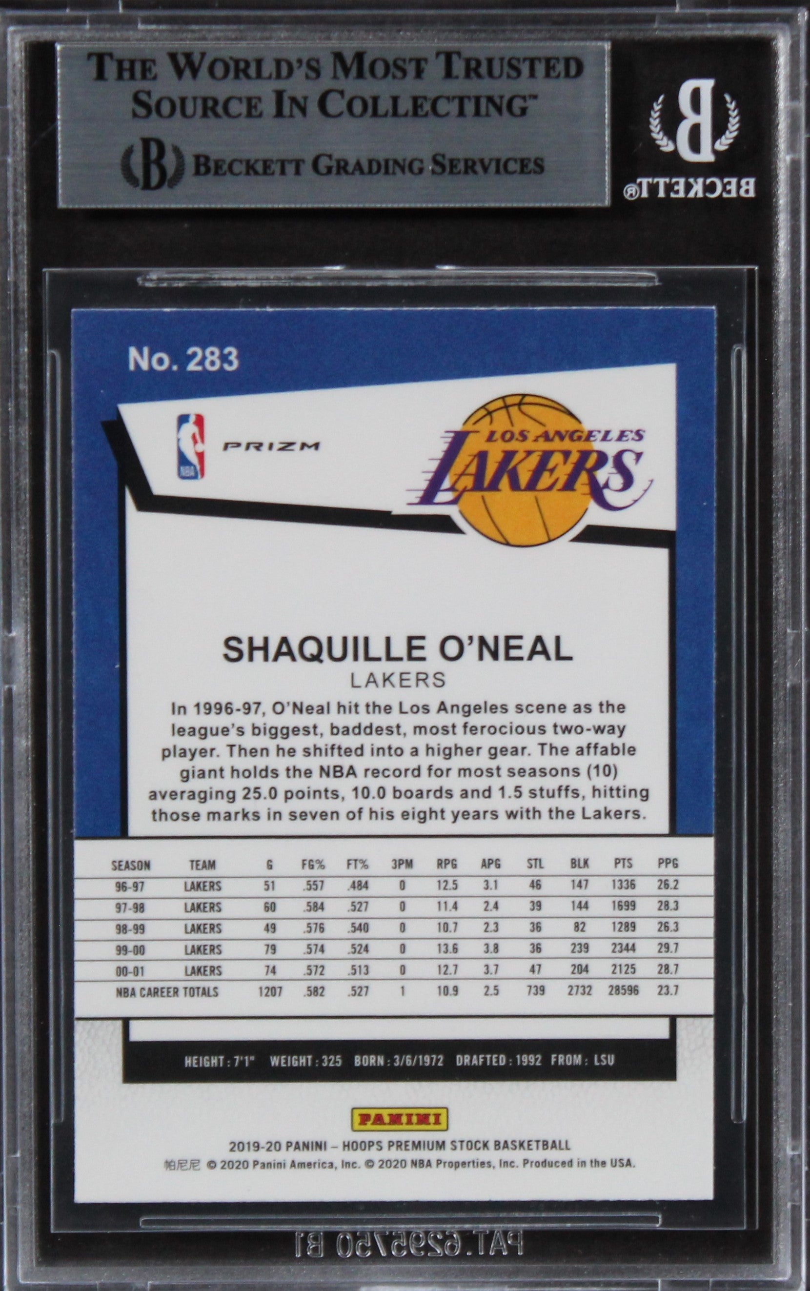 Shaquille O'neal Signed 2019 Hoops Premium Stock Prizms Flash #283 Card BAS Slab