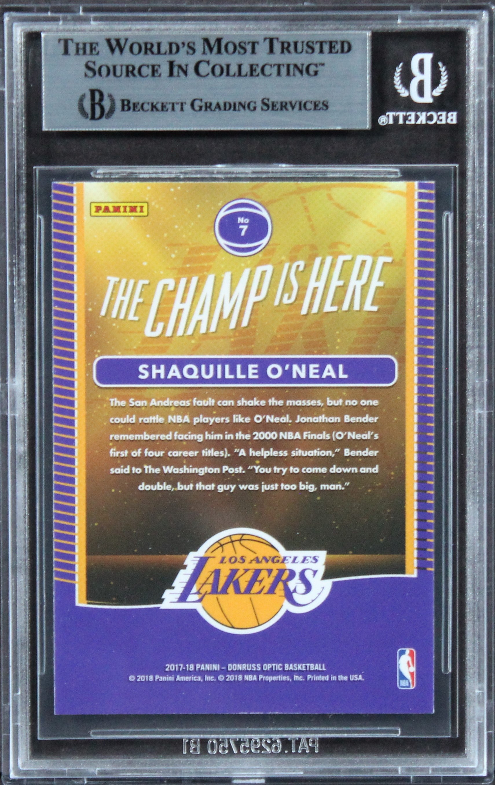 Lakers Shaquille O'Neal Signed 2017 Donruss Optic The Champ Is Here #7 Card BAS