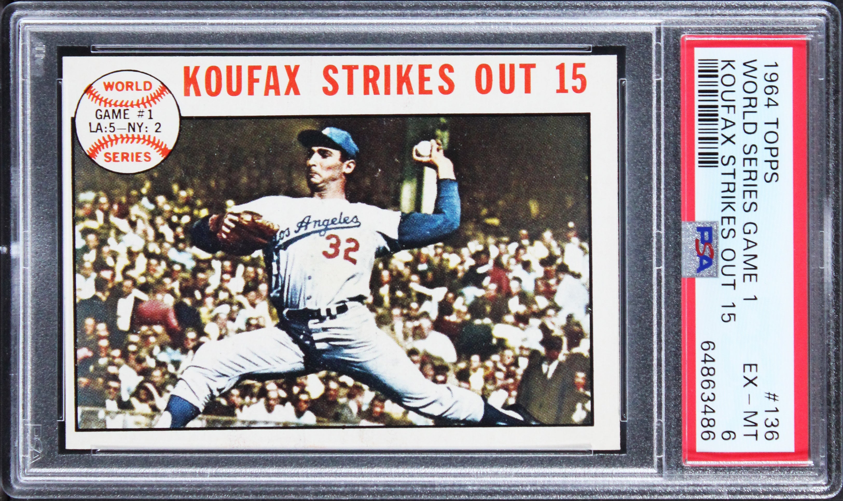 Dodgers Sandy Koufax 1964 Topps WS Game 1 #136 Card EX-MT 6! PSA/DNA Slabbed