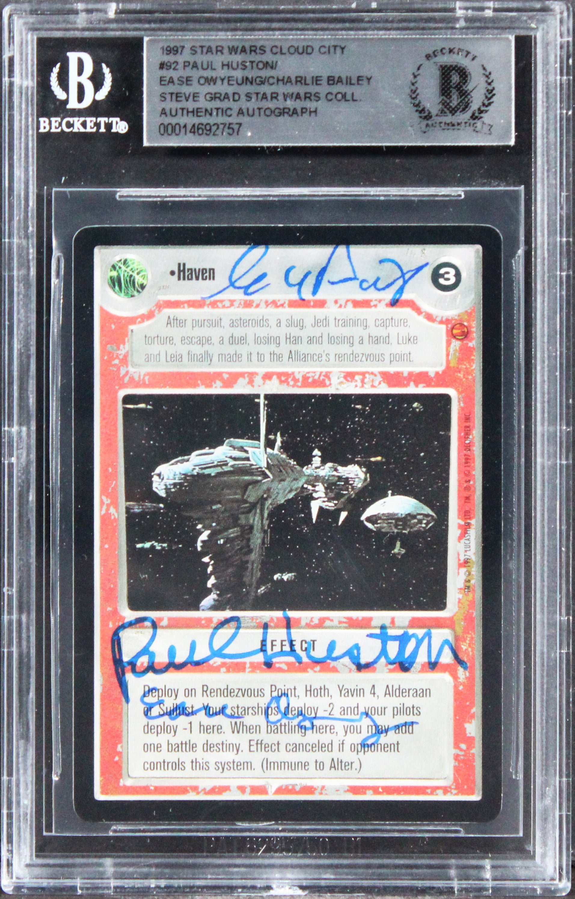 Star Wars (3) Huston, Owyeung & Bailey 1997 SW Cloud City #92 Card BAS Slabbed