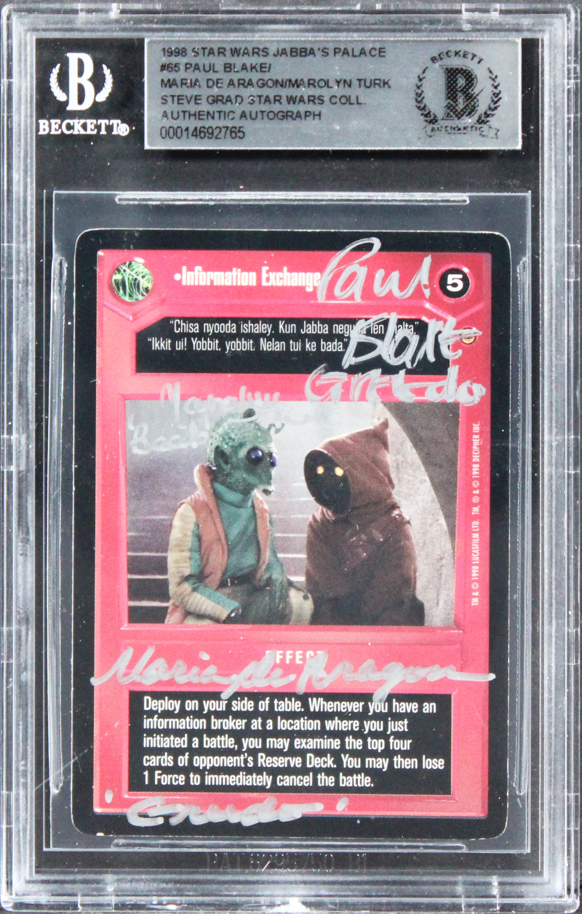 Star Wars (3) Blake, Turk +1 Signed 1998 SW Jabba's Palace #65 Card BAS Slabbed