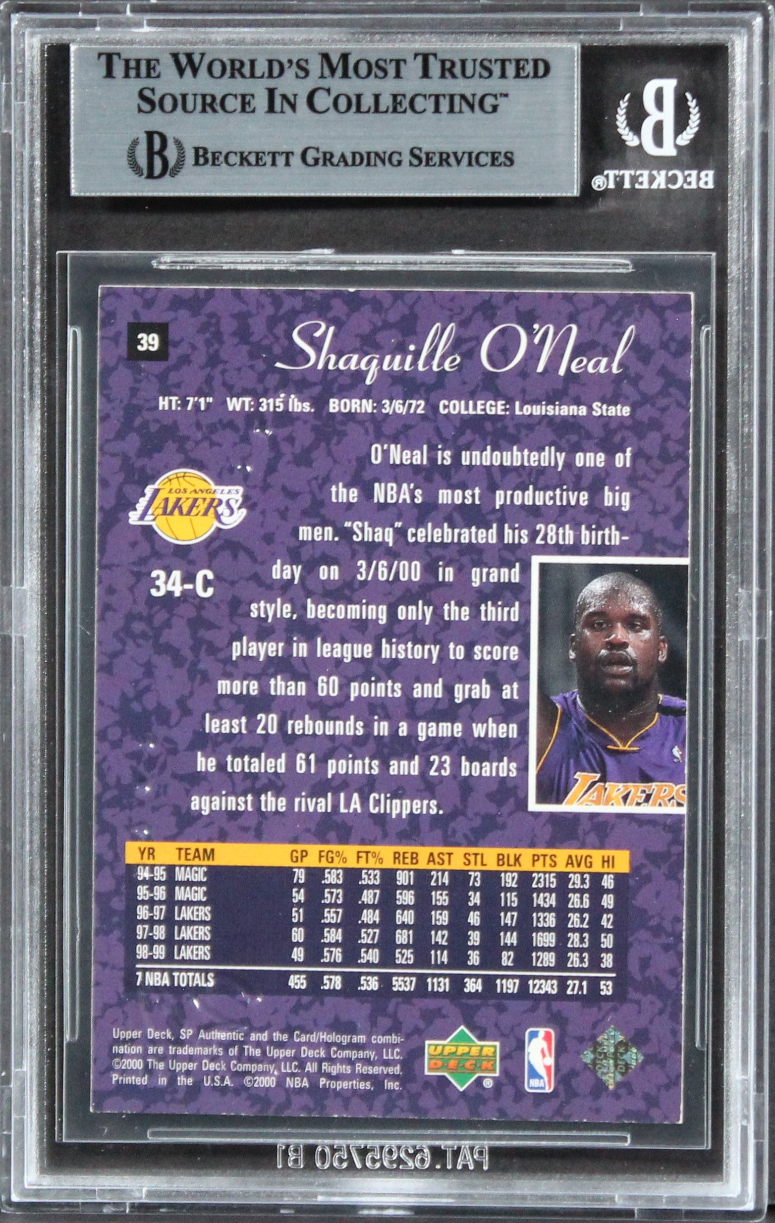 Lakers Shaquille O'Neal Authentic Signed 1999 SP Authentic #39 Card BAS Slabbed