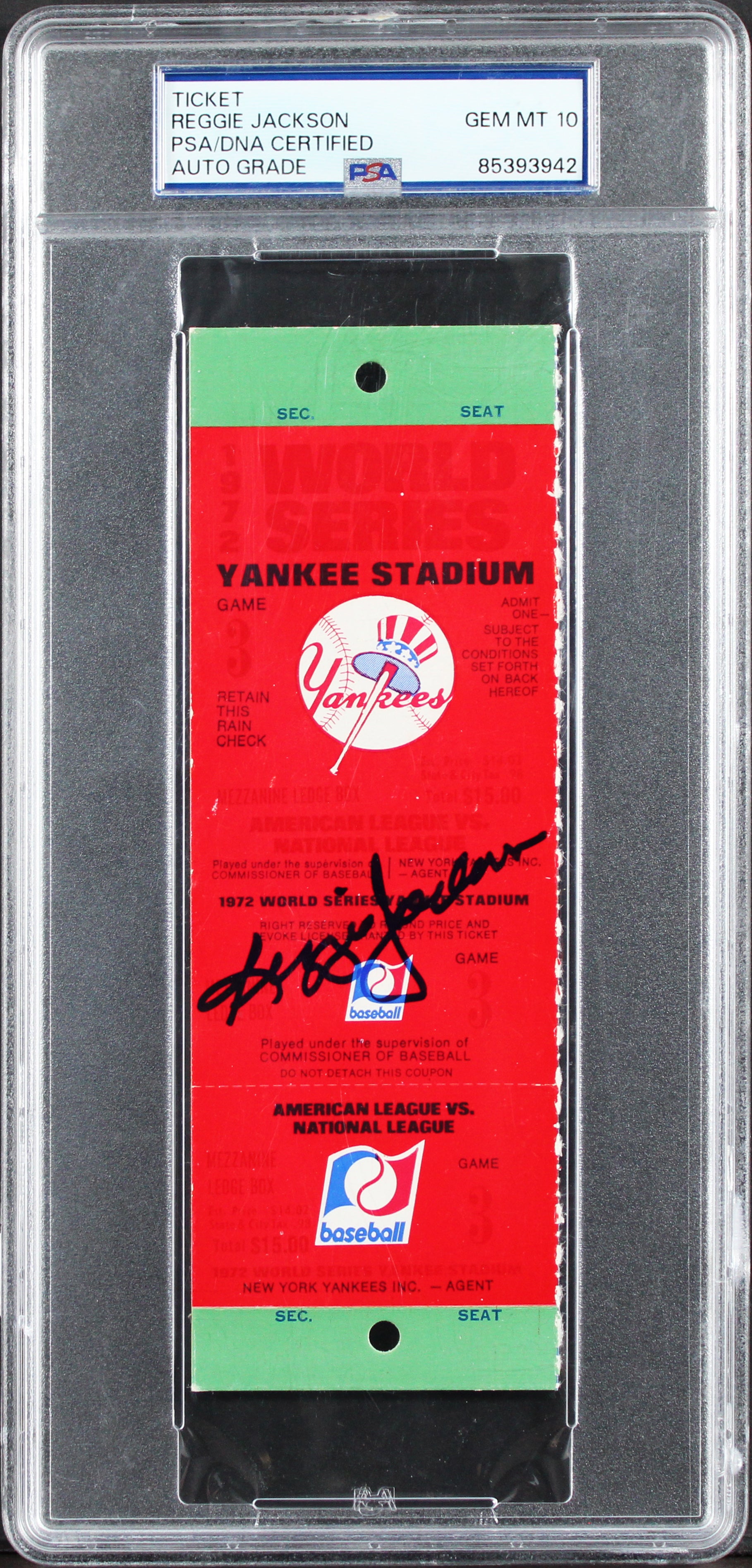 Athletics Reggie Jackson 1972 WS Game 3 Full Ticket Auto 10! PSA/DNA Slabbed