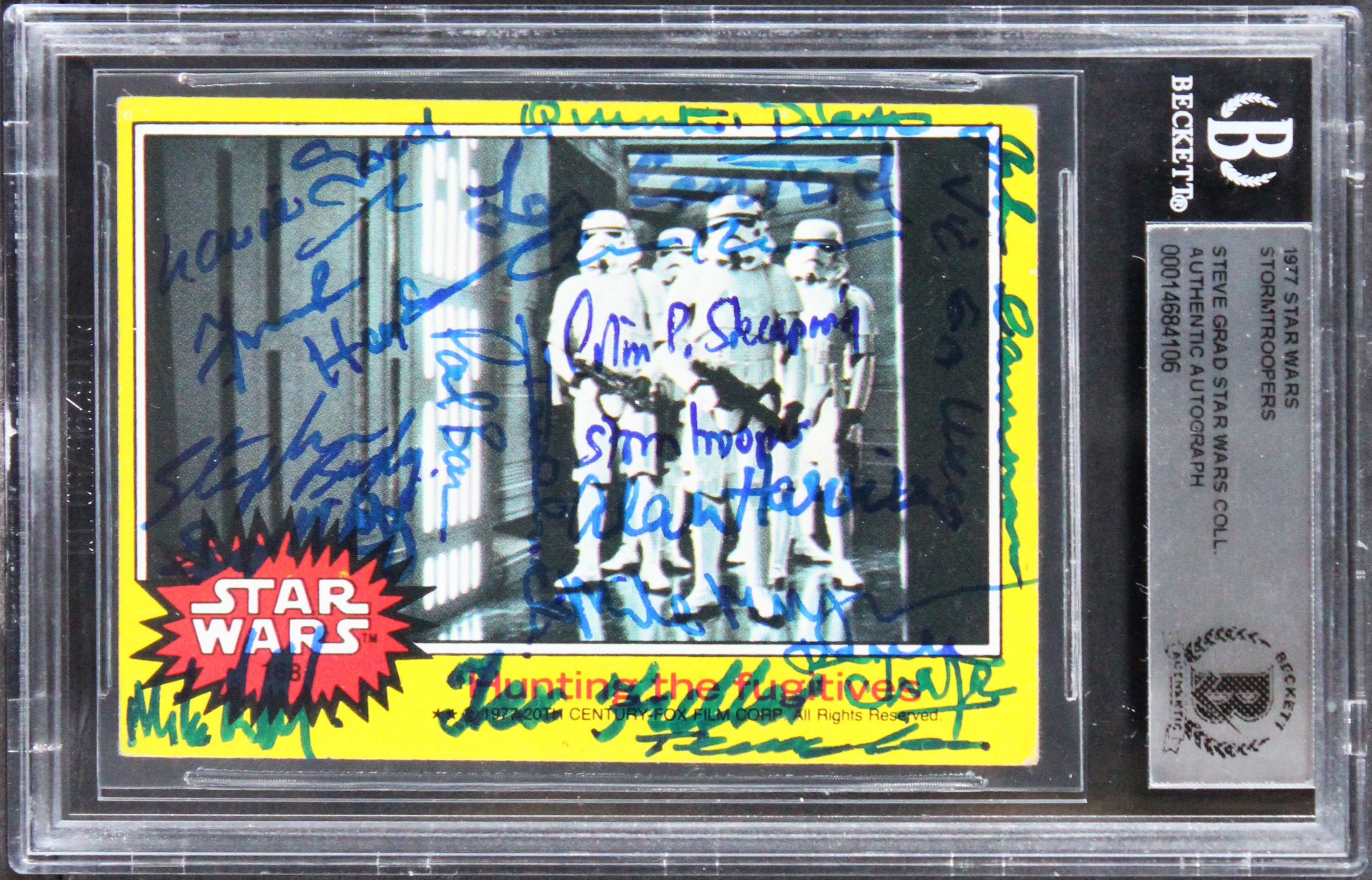Star Wars (17) Harris, Bayley, Goode +14 Signed 1977 Stormtroopers Card BAS Slab