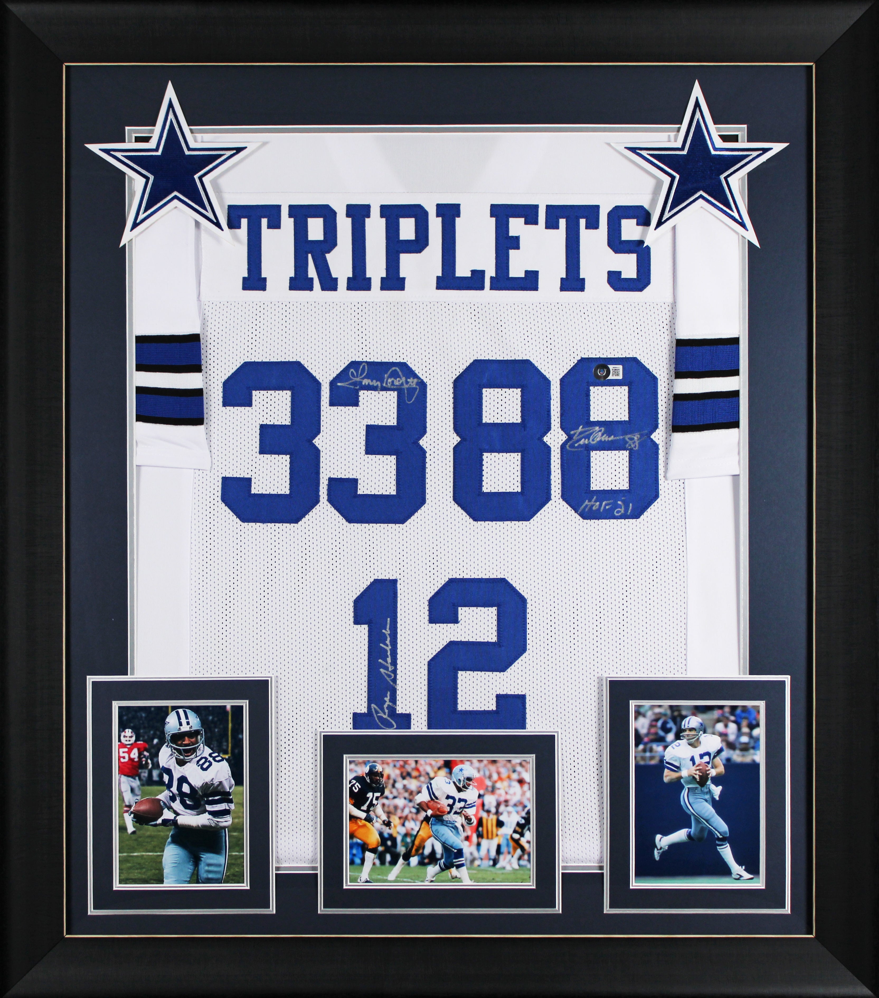 (3) Staubach, Dorsett & Pearson Signed White Pro Style Framed Jersey BAS Witness