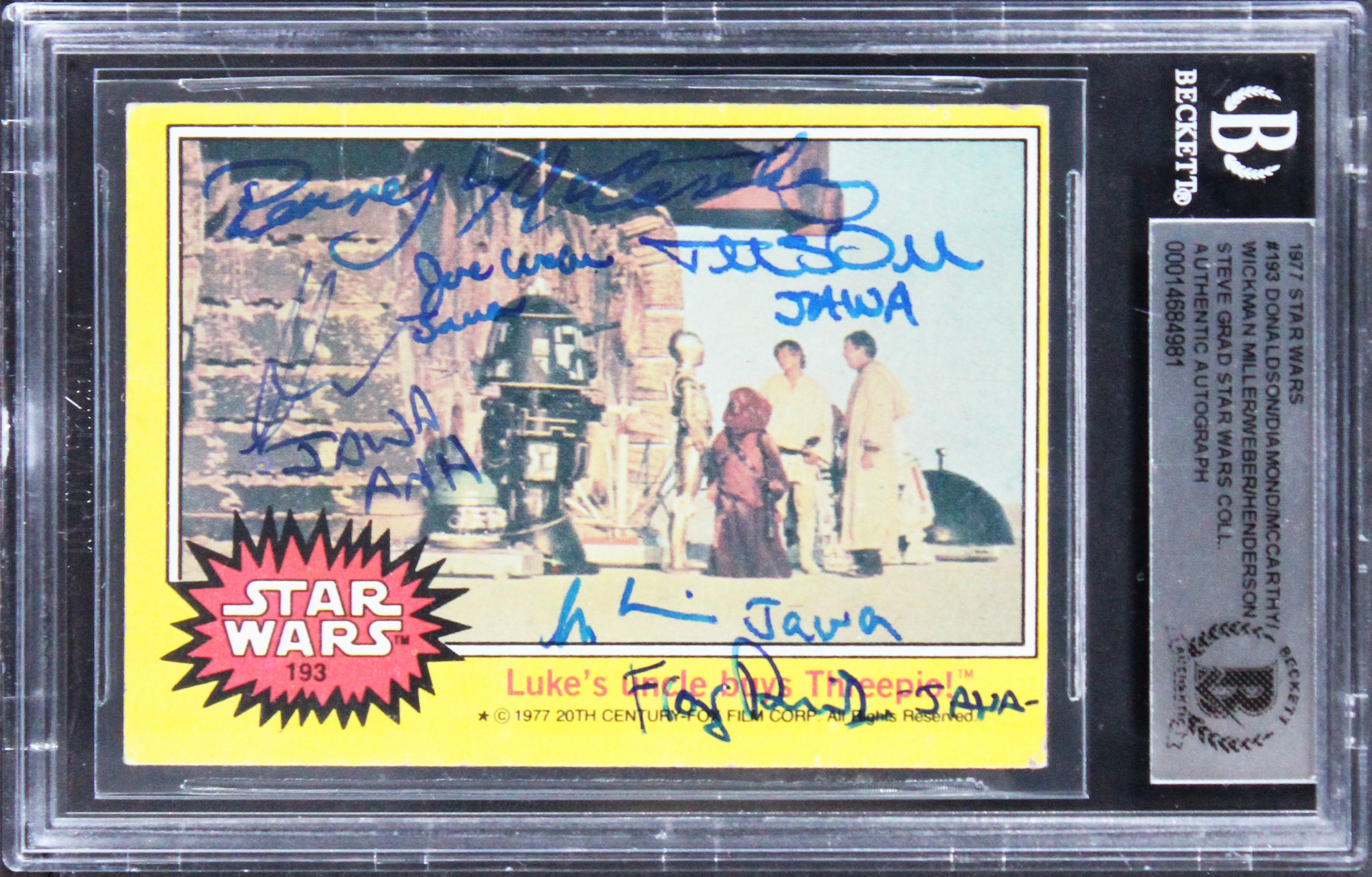 Star Wars (6) Donaldson, Diamond, Miller +3 Signed 1977 SW #193 Card BAS Slabbed