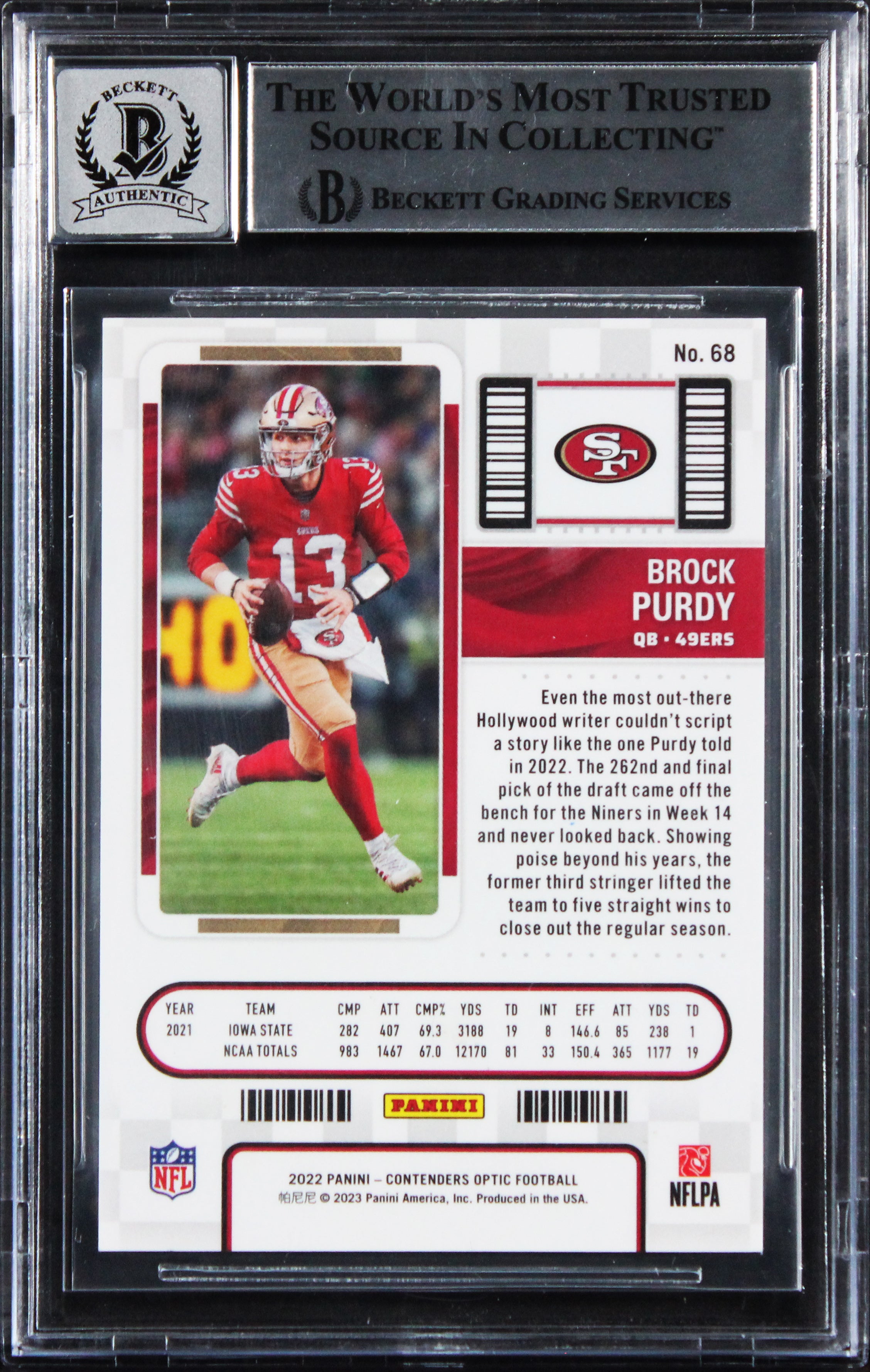 49ers Brock Purdy Signed 2022 Panini Contenders #68 RC Card Auto 10! BAS Slabbed