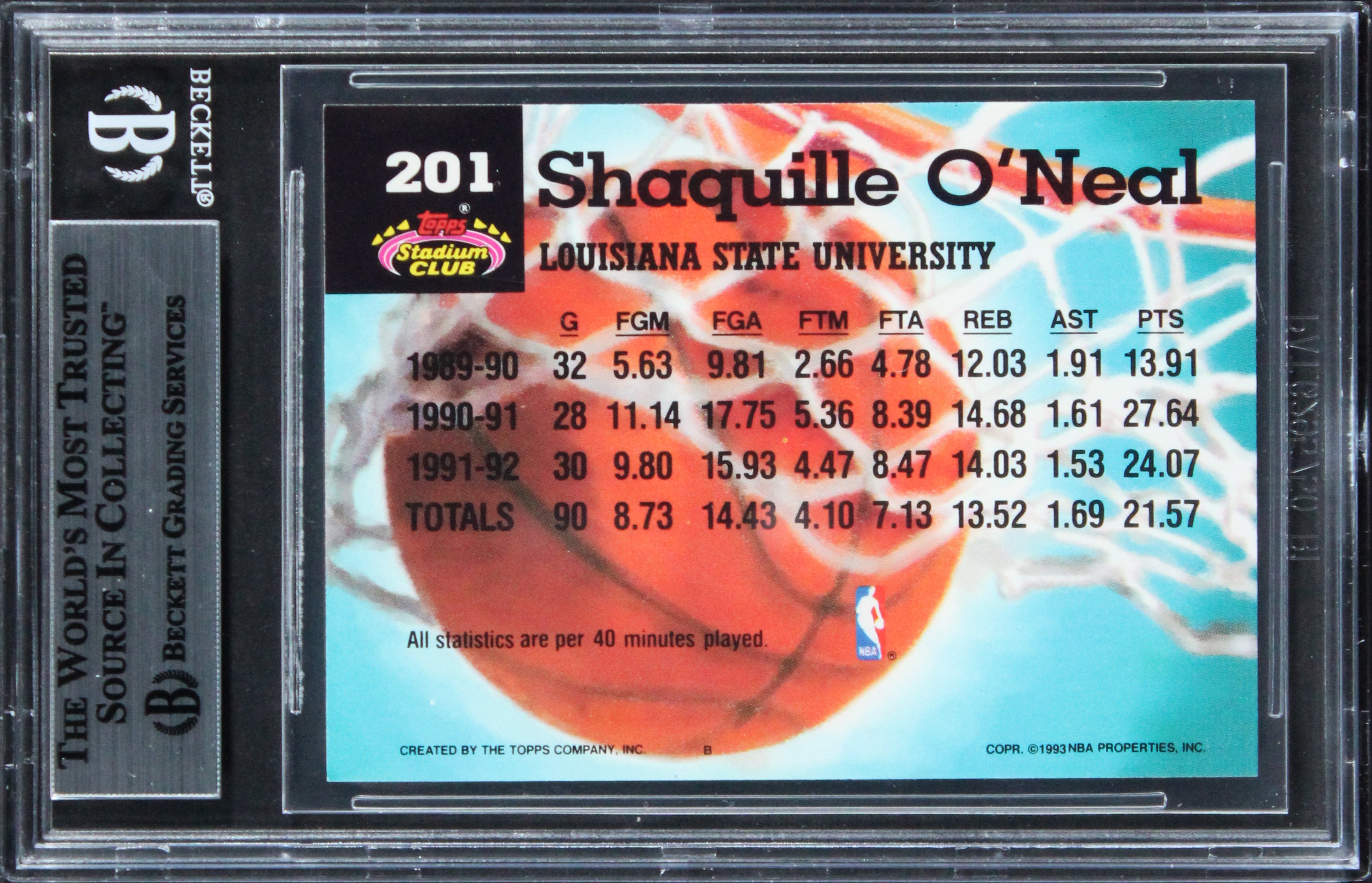 Shaquille O'Neal Signed 1992 Stadium Club MO Parallel #201 RC Card BAS Slabbed