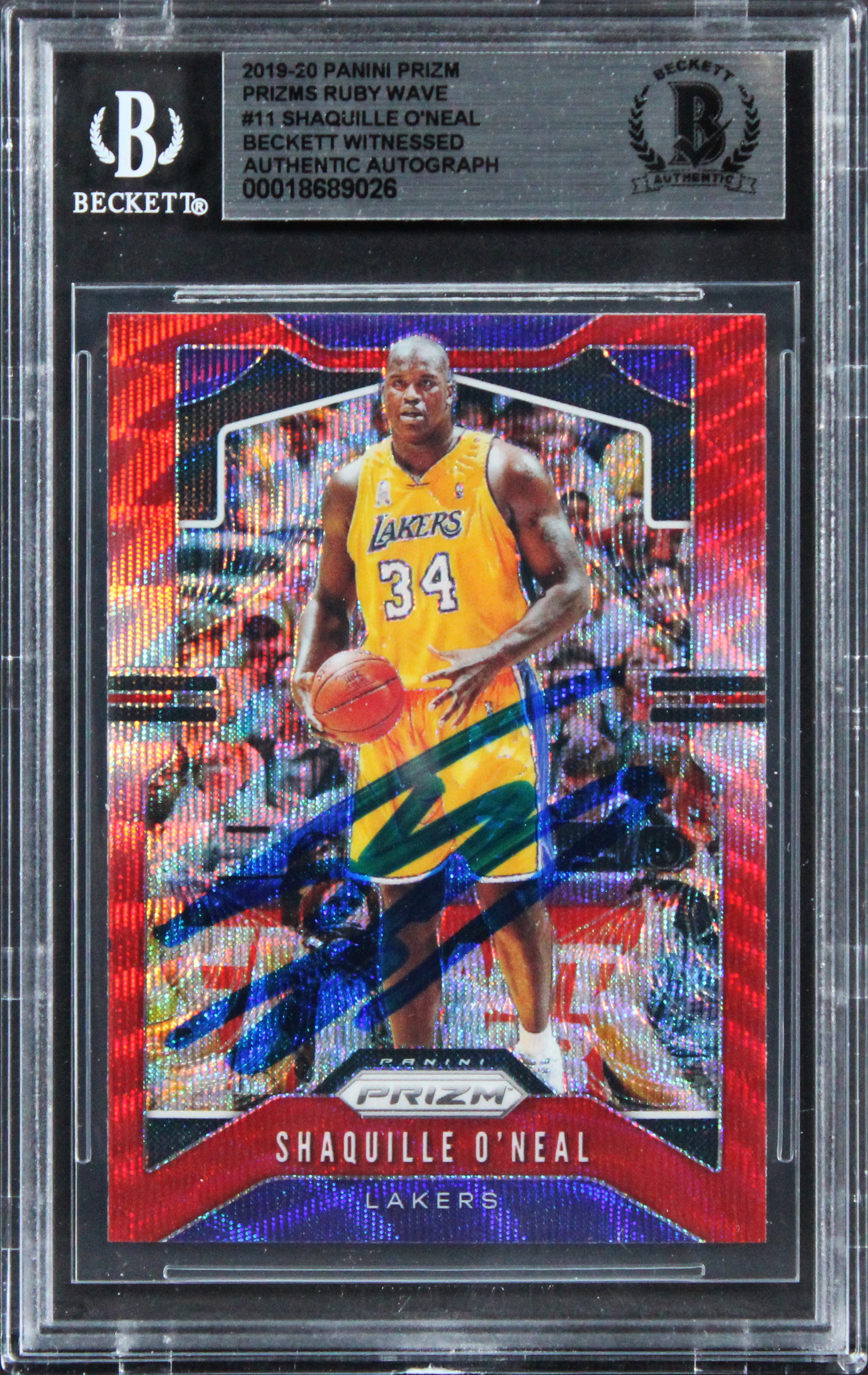 Lakers Shaquille O'Neal Signed 2019 Panini Prizm Ruby Wave #11 Card BAS Slabbed