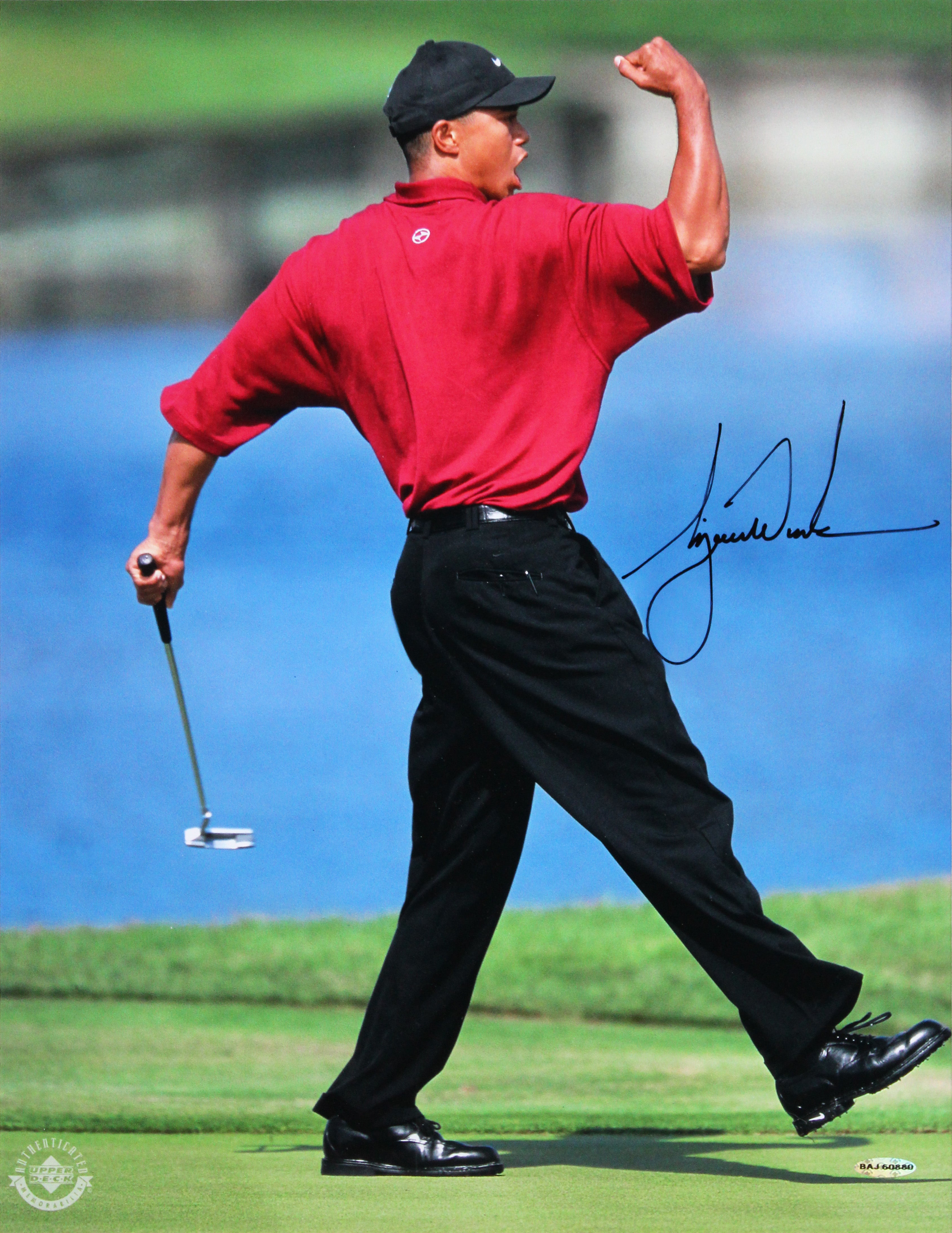 Tiger Woods Authentic Signed 16x20 Framed Vertical Fist Pump Photo UDA #BAJ60880