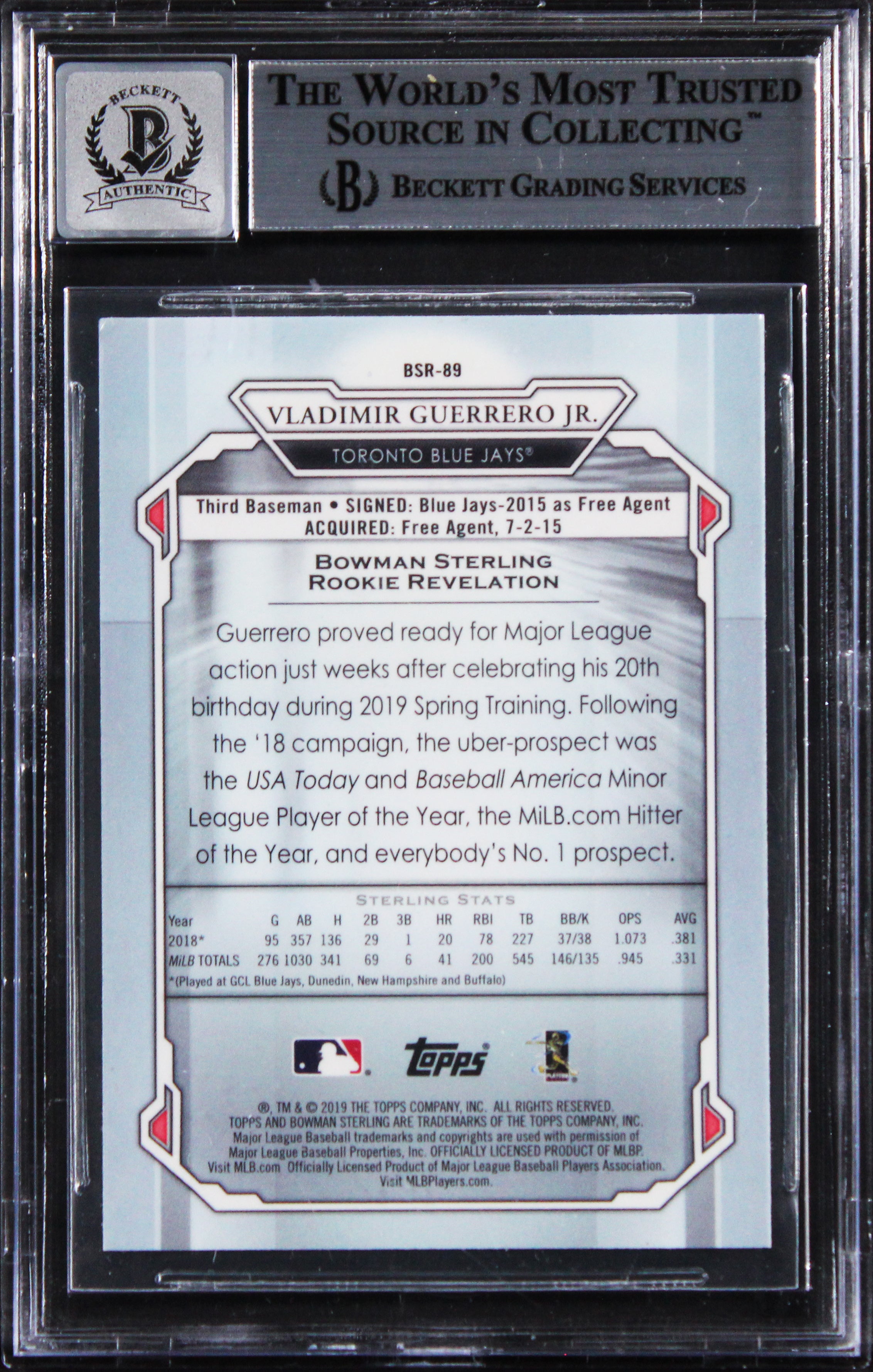 Blue Jays Vlad Guerrero Jr. Signed 2019 Bowman #BSR89 RC Card Auto 10! BAS Slab