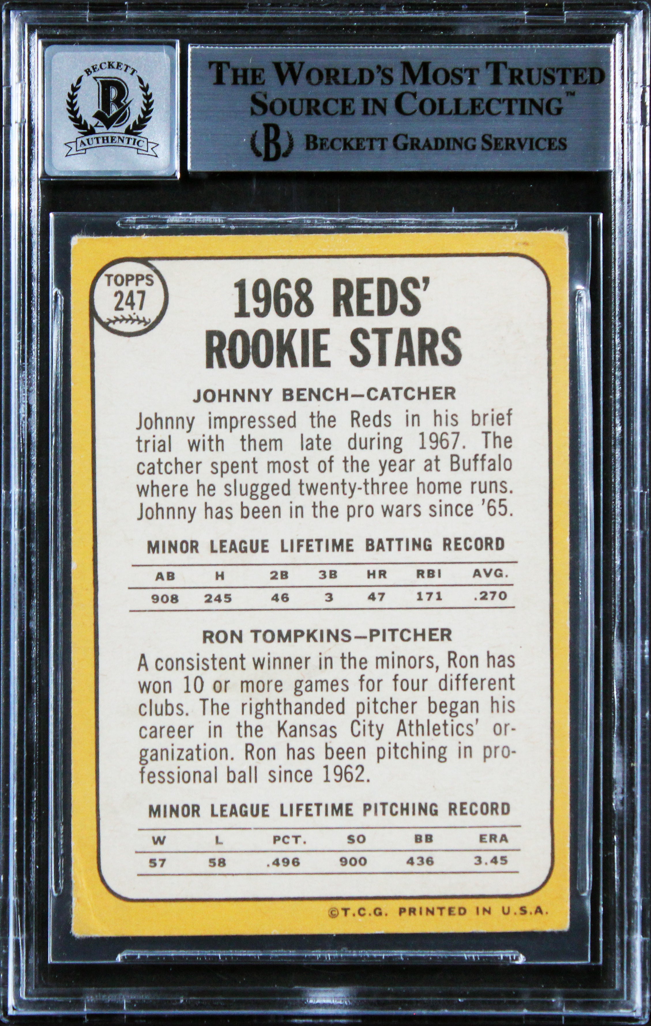 Reds Johnny Bench "68 NL ROY" Signed 1968 Topps #274A RC Card Auto 10! BAS Slab