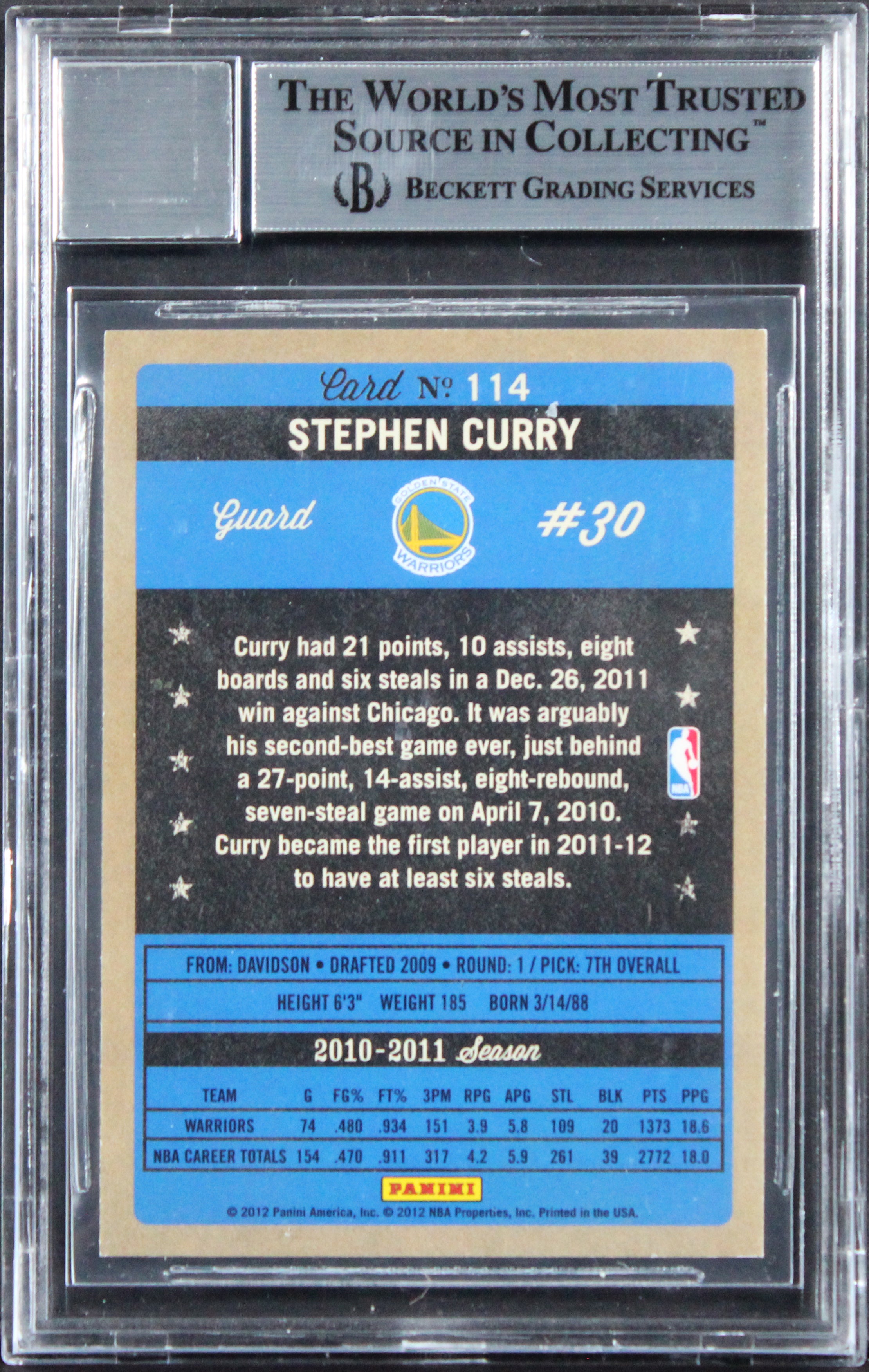Warriors Stephen Curry Signed 2011 Panini #114 Card Auto Grade 10! BAS Slabbed