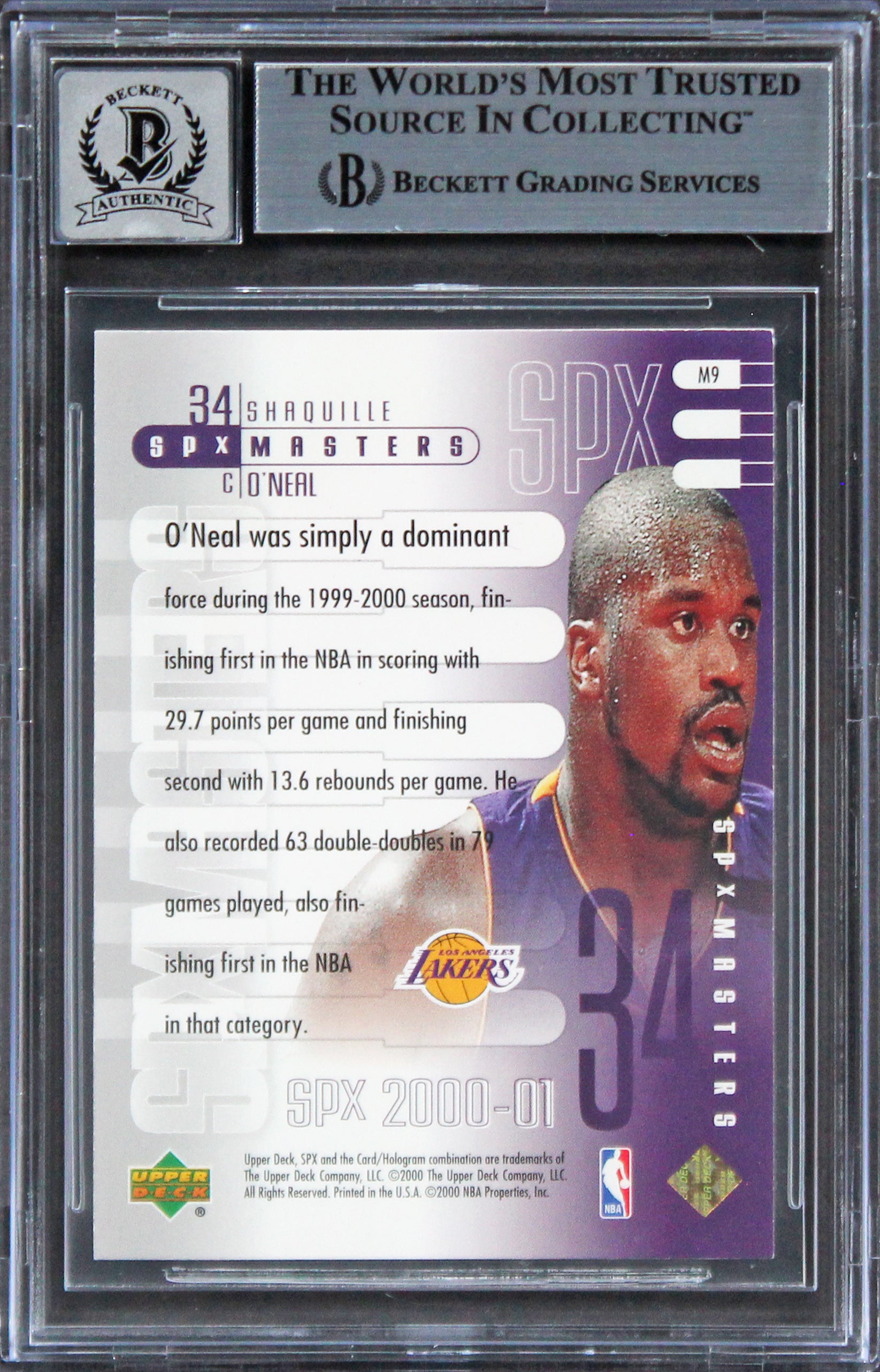 Lakers Shaquille O'Neal Signed 2000 SPX Masters #M9 Card Auto Gr GM 10! BAS Slab