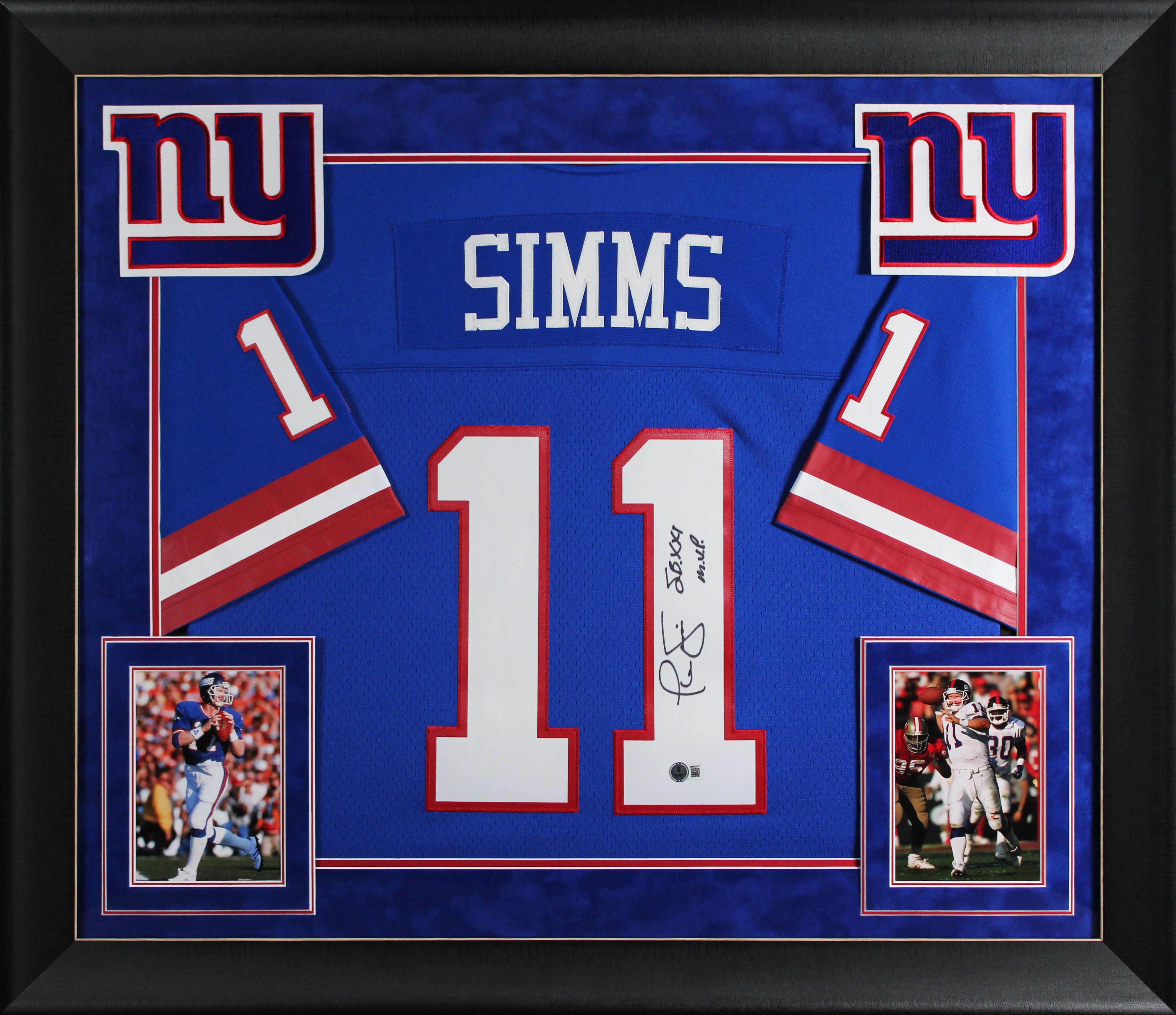 Giants Phil Simms "SB XXI MVP" Signed Blue M&N Framed Jersey BAS Witnessed