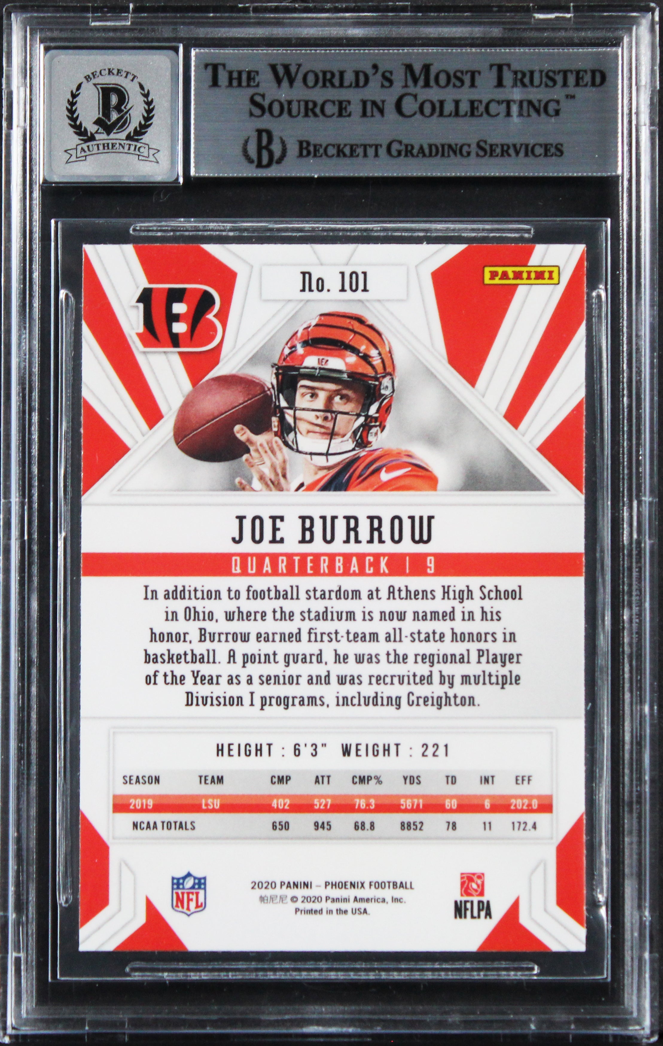 Bengals Joe Burrow Signed 2020 Panini Phoenix #101 Card Auto GM 10! BAS Slabbed