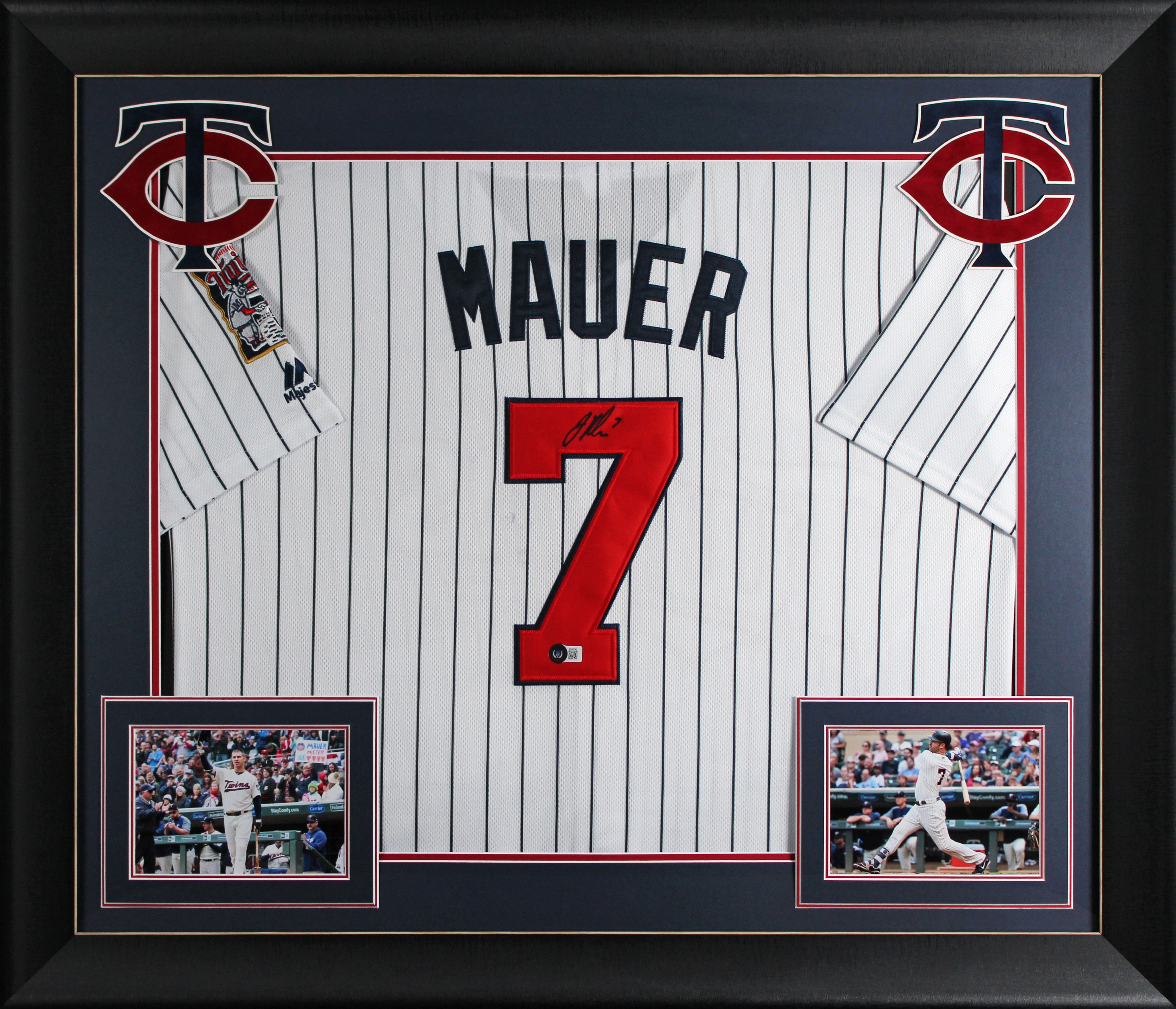 Twins Joe Mauer Signed White Pinstripe Majestic Framed Jersey BAS #BK88796