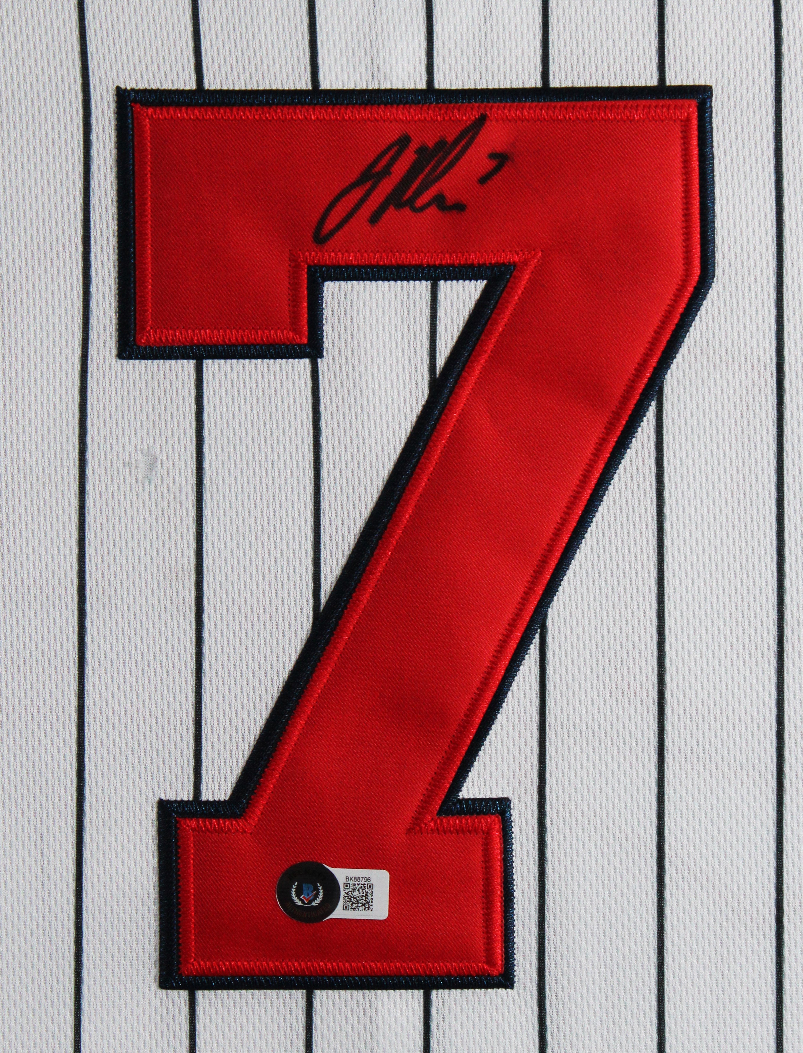 Twins Joe Mauer Signed White Pinstripe Majestic Framed Jersey BAS #BK88796