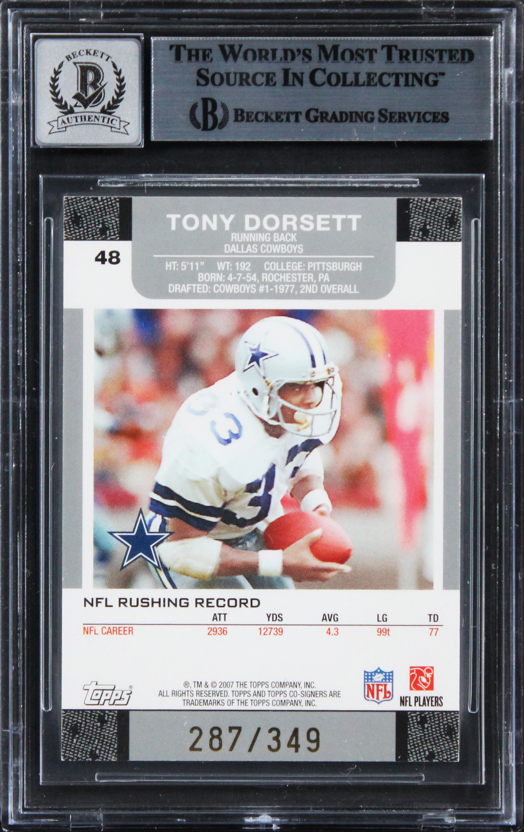 Peterson & Dorsett Signed 2007 Topps Co-Signers CF GB #48B Card Auto 10 BAS Slab