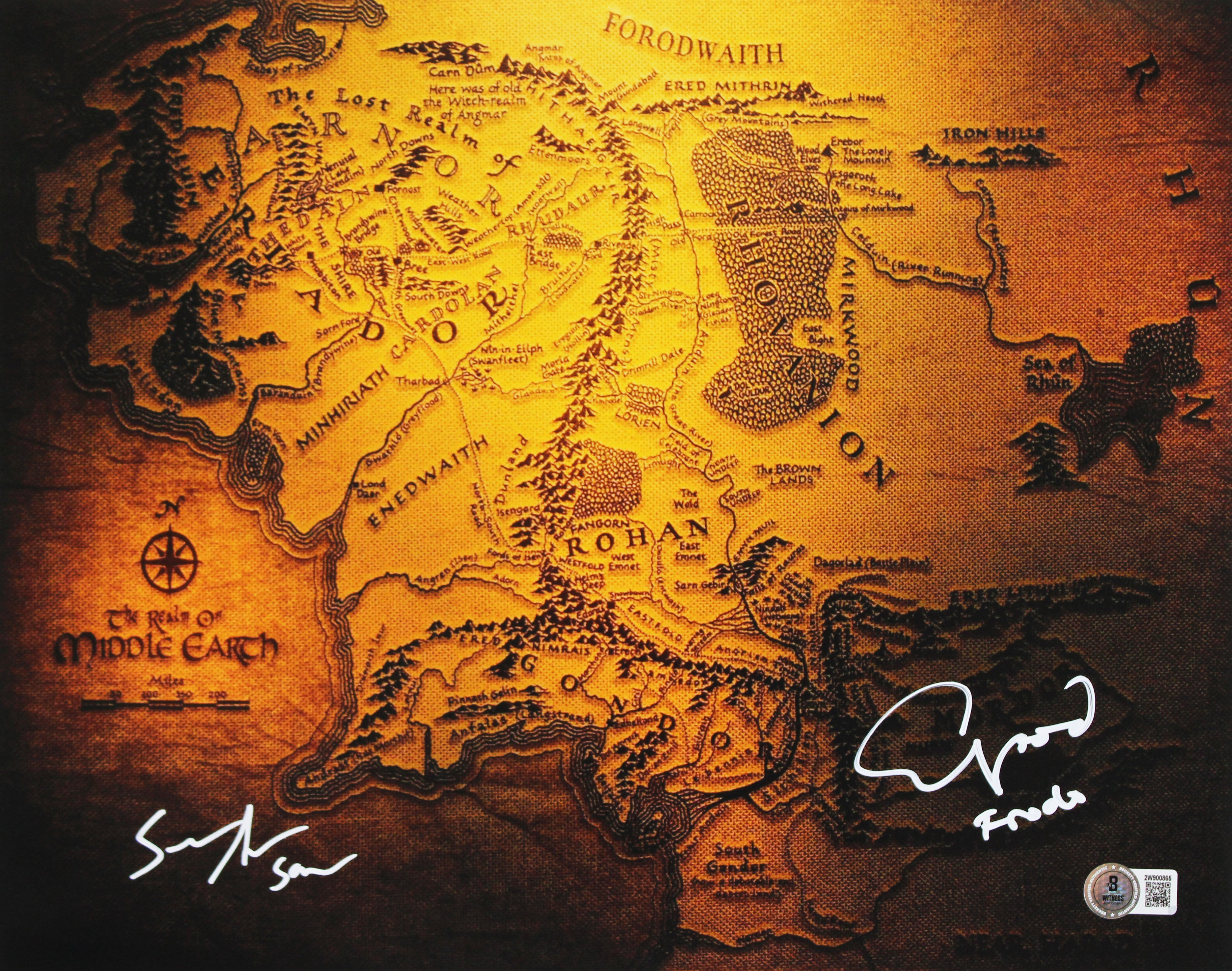 Elijah Wood & Sean Astin LOTR Signed 11x14 Middle Earth Map Photo BAS Witness 2