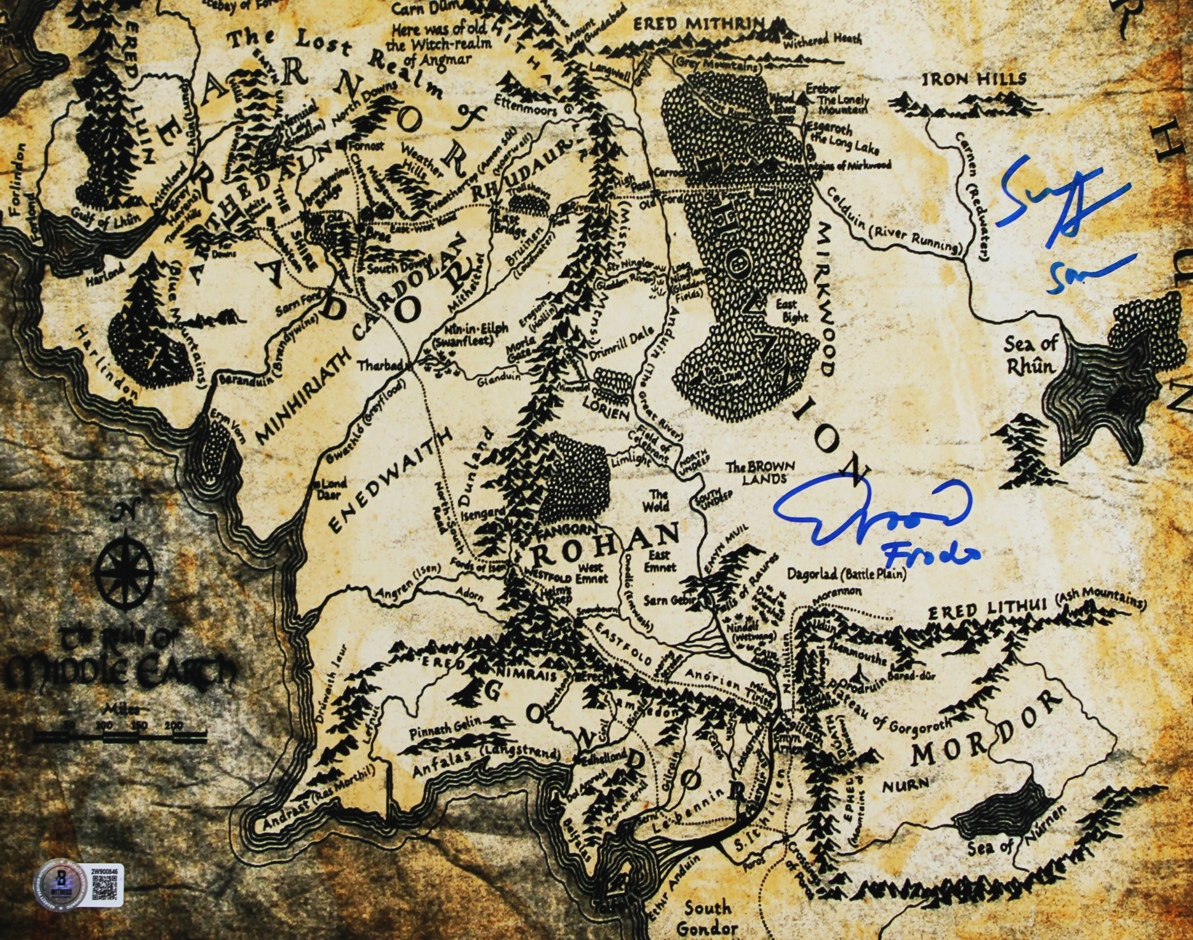 Elijah Wood & Sean Astin LOTR Signed 11x14 Middle Earth Map Photo BAS Witness 1