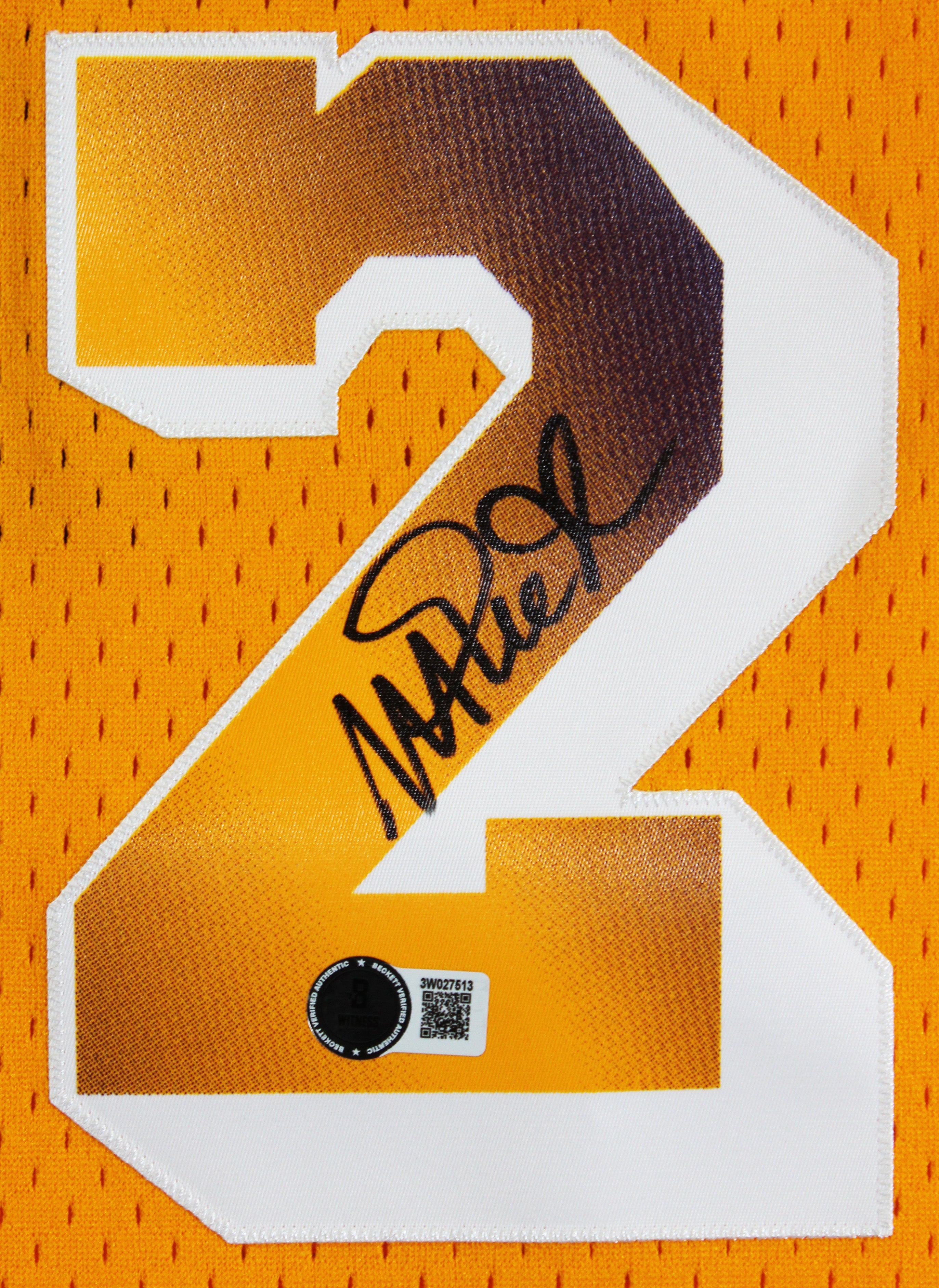 Lakers Magic Johnson Signed Yellow M&N Swingman w/ Two-Tone #s Framed Jersey BAS