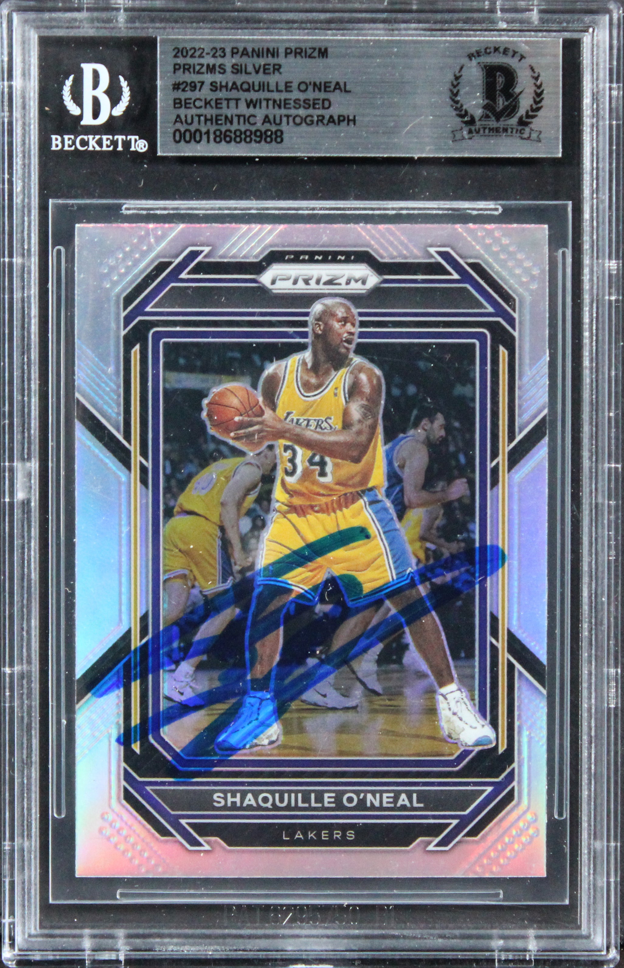Lakers Shaquille O'Neal Signed 2022 Panini Prizm Silver #297 Card BAS Slabbed