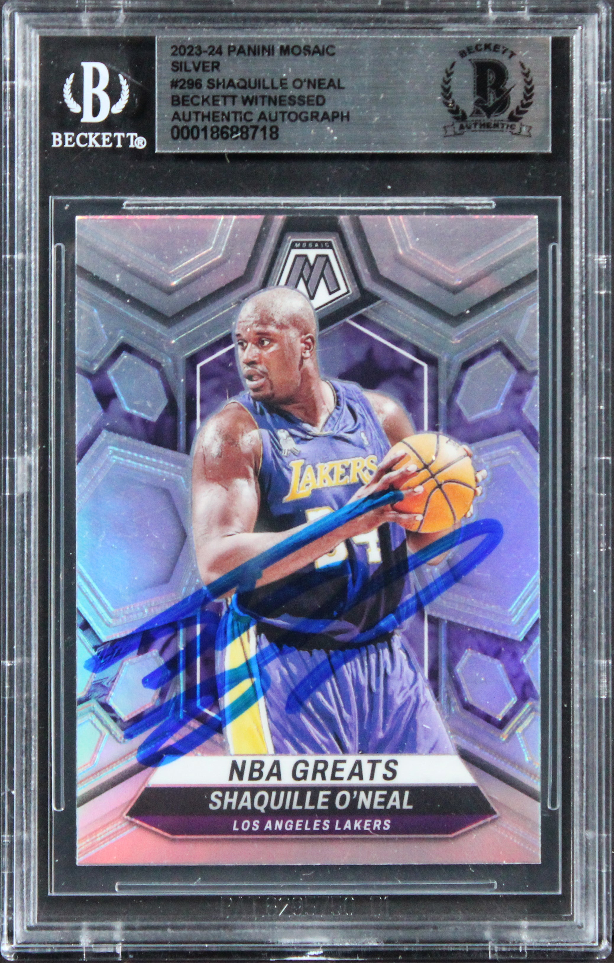 Lakers Shaquille O'Neal Signed 2023 Panini Mosaic Silver #296 Card BAS Slabbed