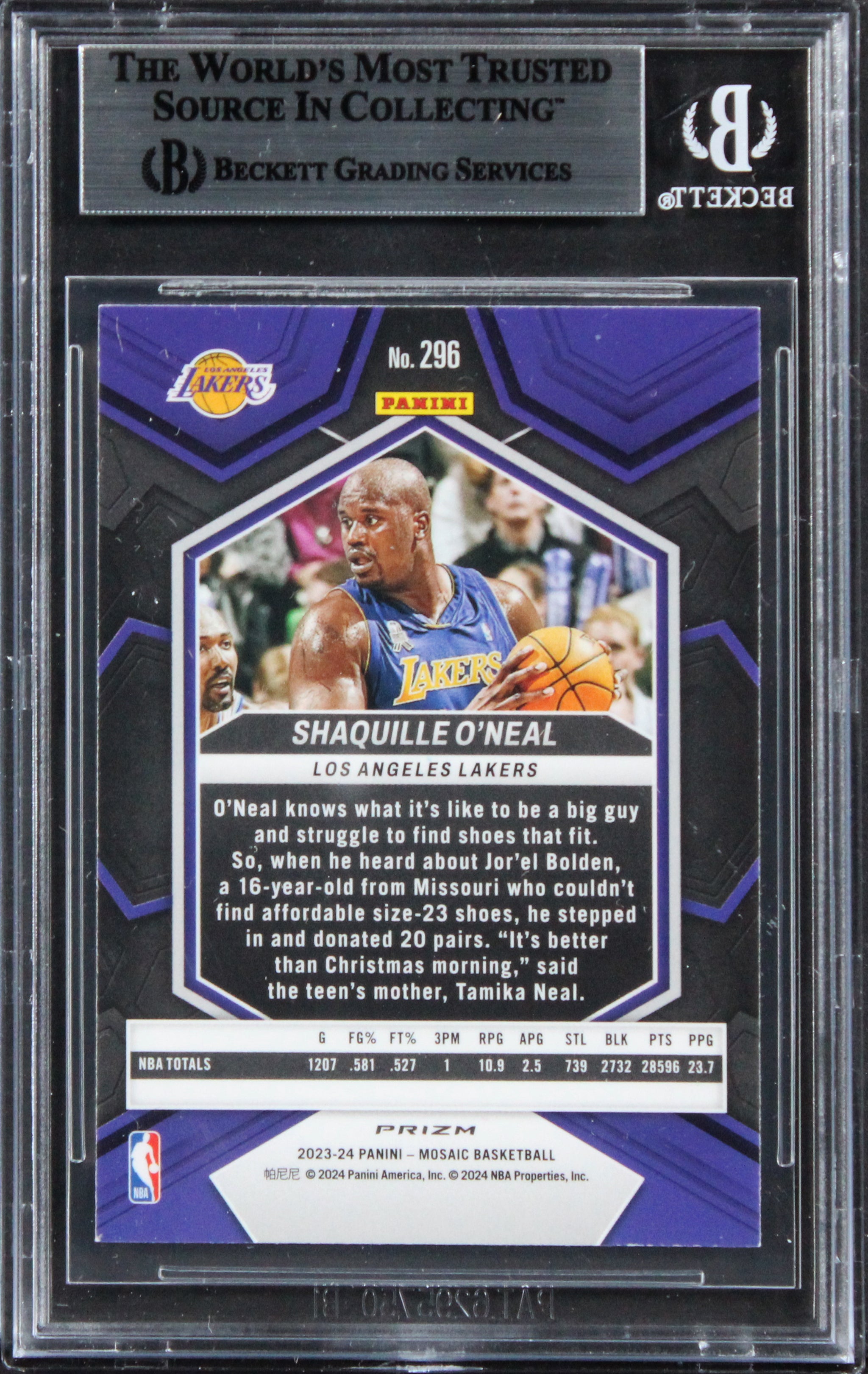 Lakers Shaquille O'Neal Signed 2023 Panini Mosaic Silver #296 Card BAS Slabbed