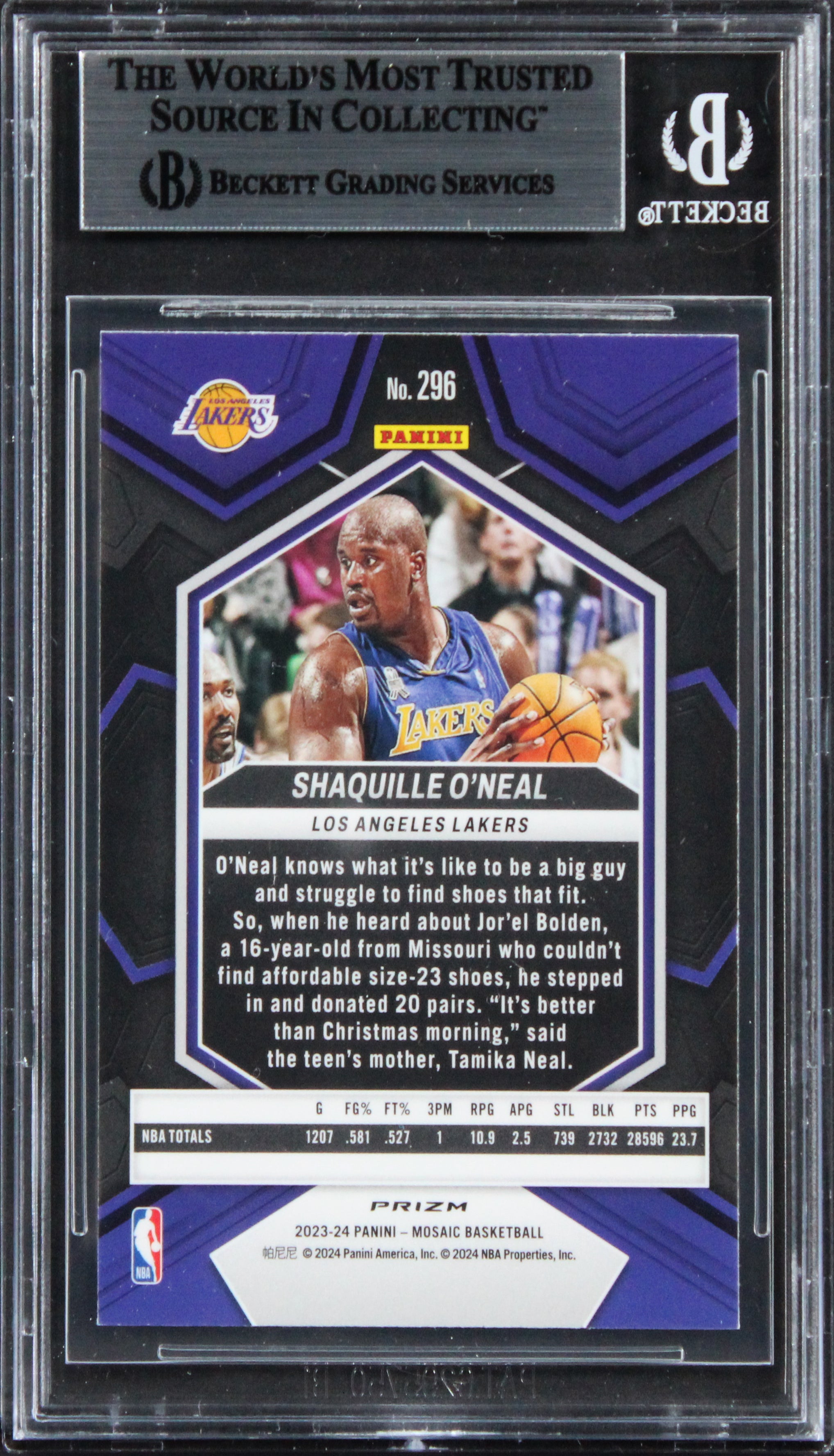 Lakers Shaquille O'Neal Signed 2023 Panini Mosaic Green #296 Card BAS Slabbed