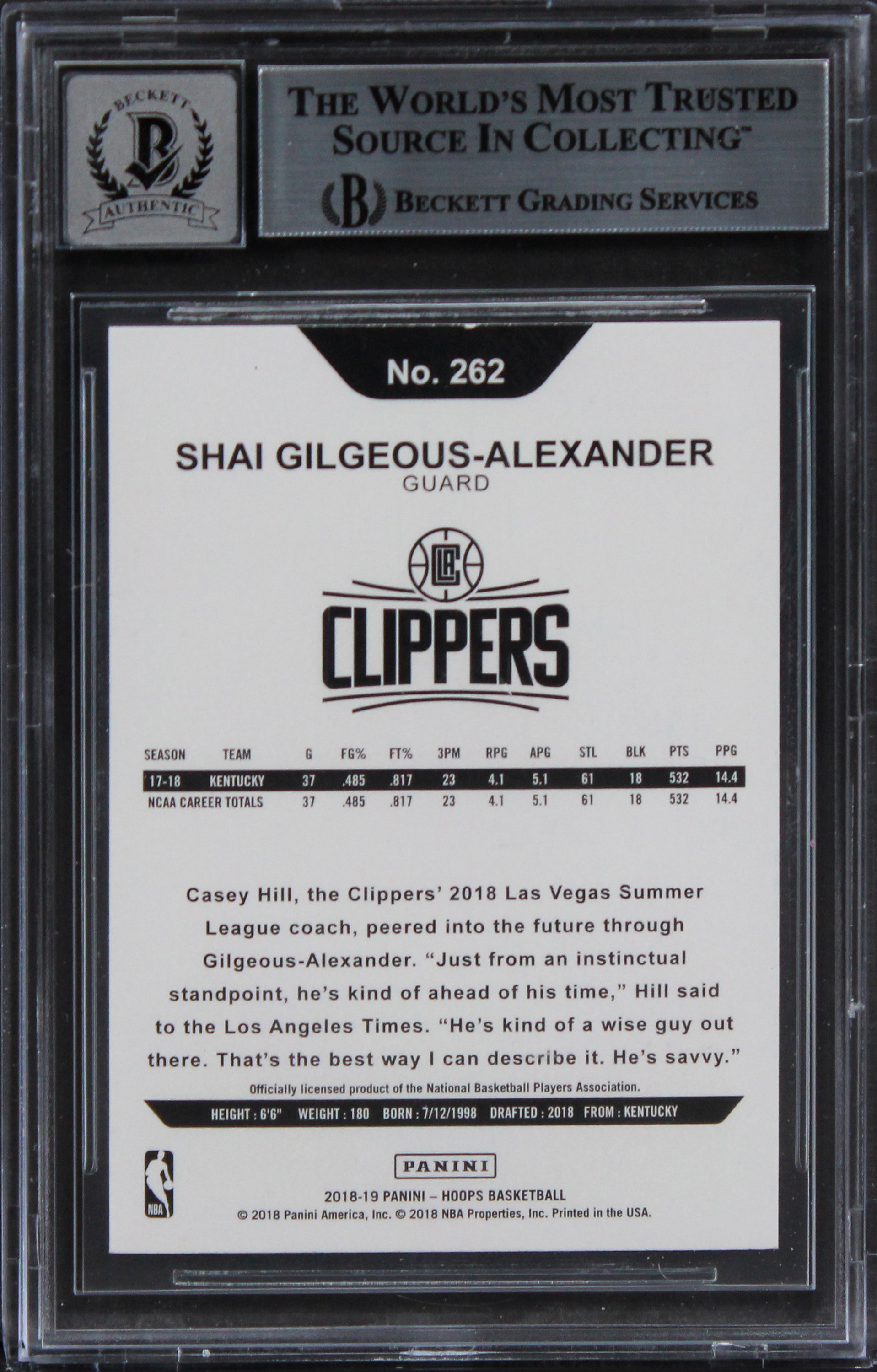 Shai Gilgeous-Alexander Signed 2018 Hoops #262 Rookie Card Auto 10! BAS Slabbed
