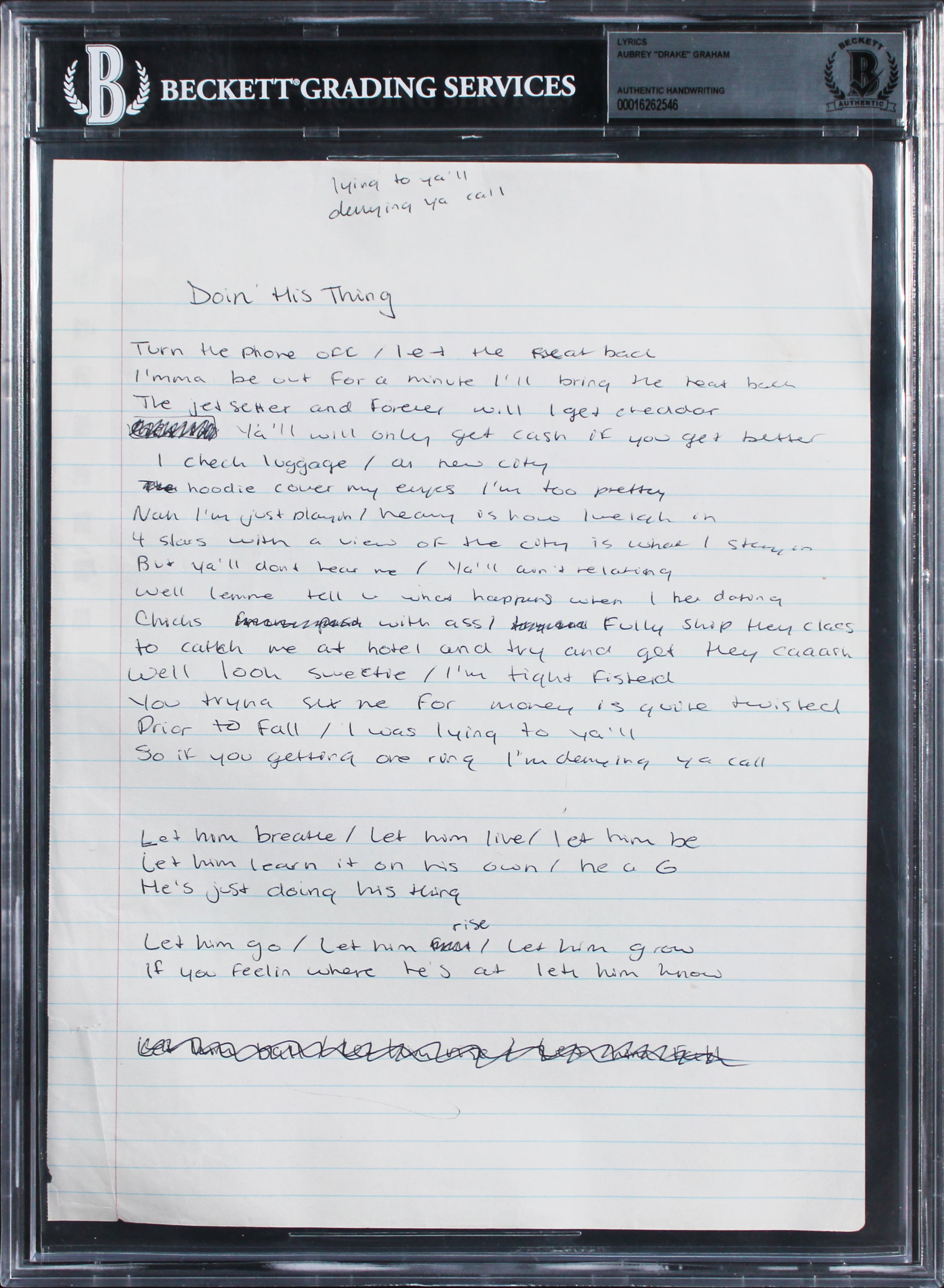 Drake Authentic Handwritten Doing His Thing Lyrics On 8.5x11 Page BAS Slabbed
