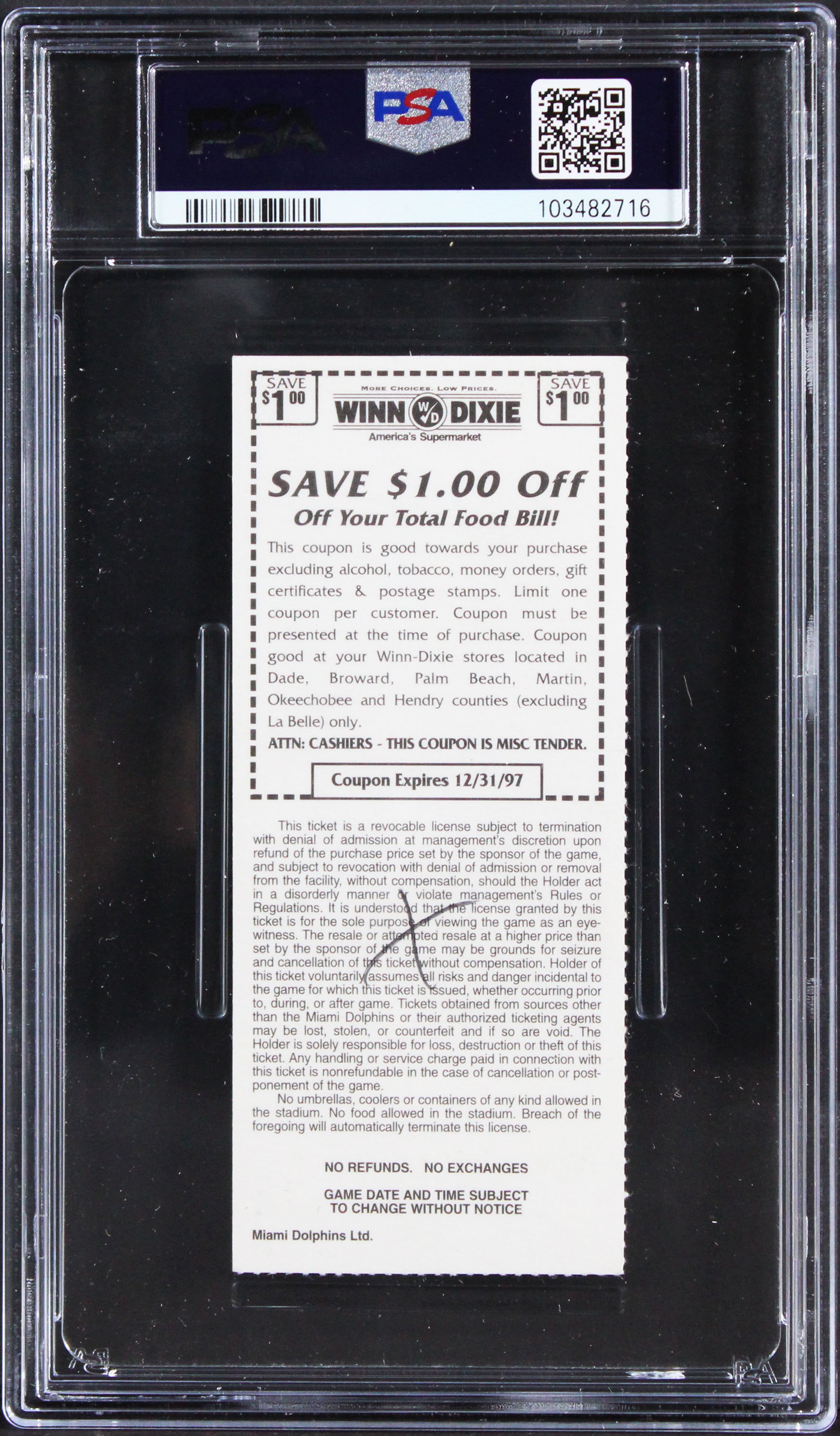 Tony Gonzalez Signed "1st NFL TD!" 1997 Ticket Stub Grade EX 5 Auto 10! PSA Slab