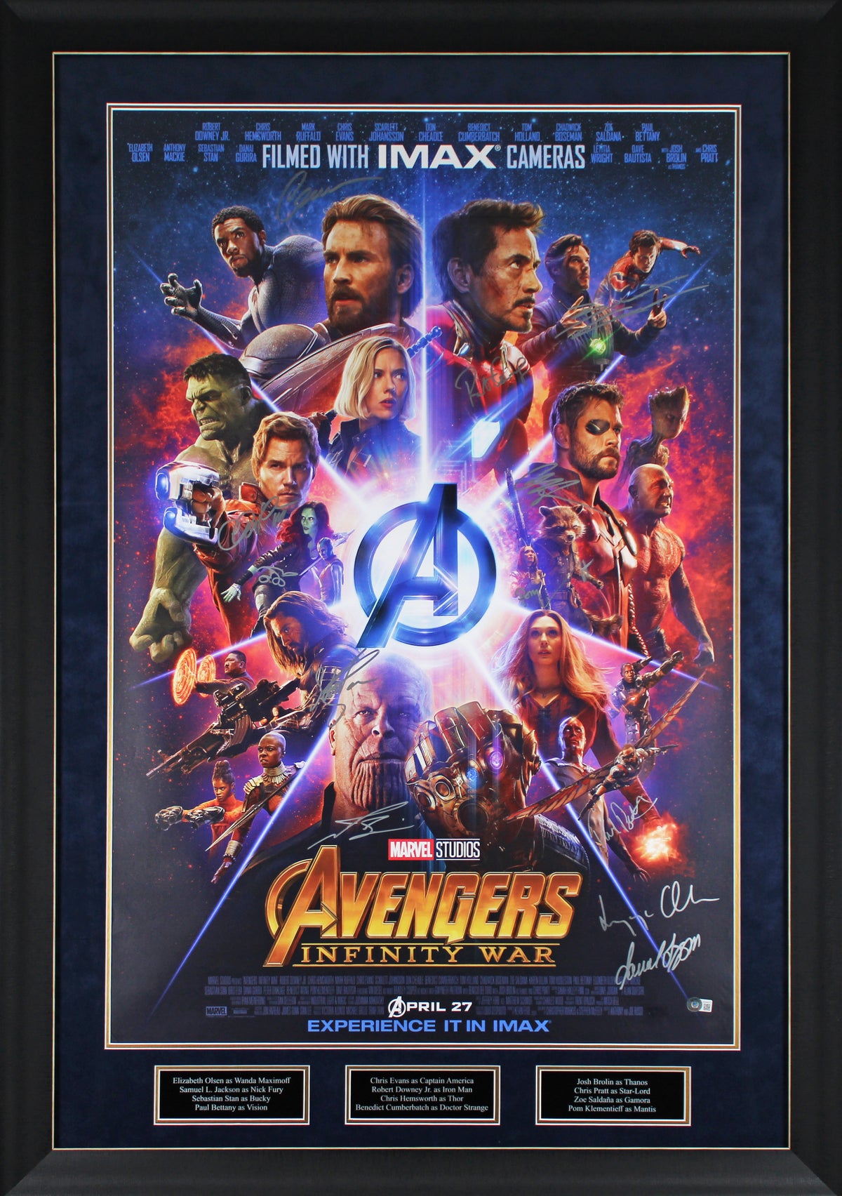Avengers (12) Downey, Evans, Olsen Saldana, Pratt Signed 27x40 Framed Poster BAS
