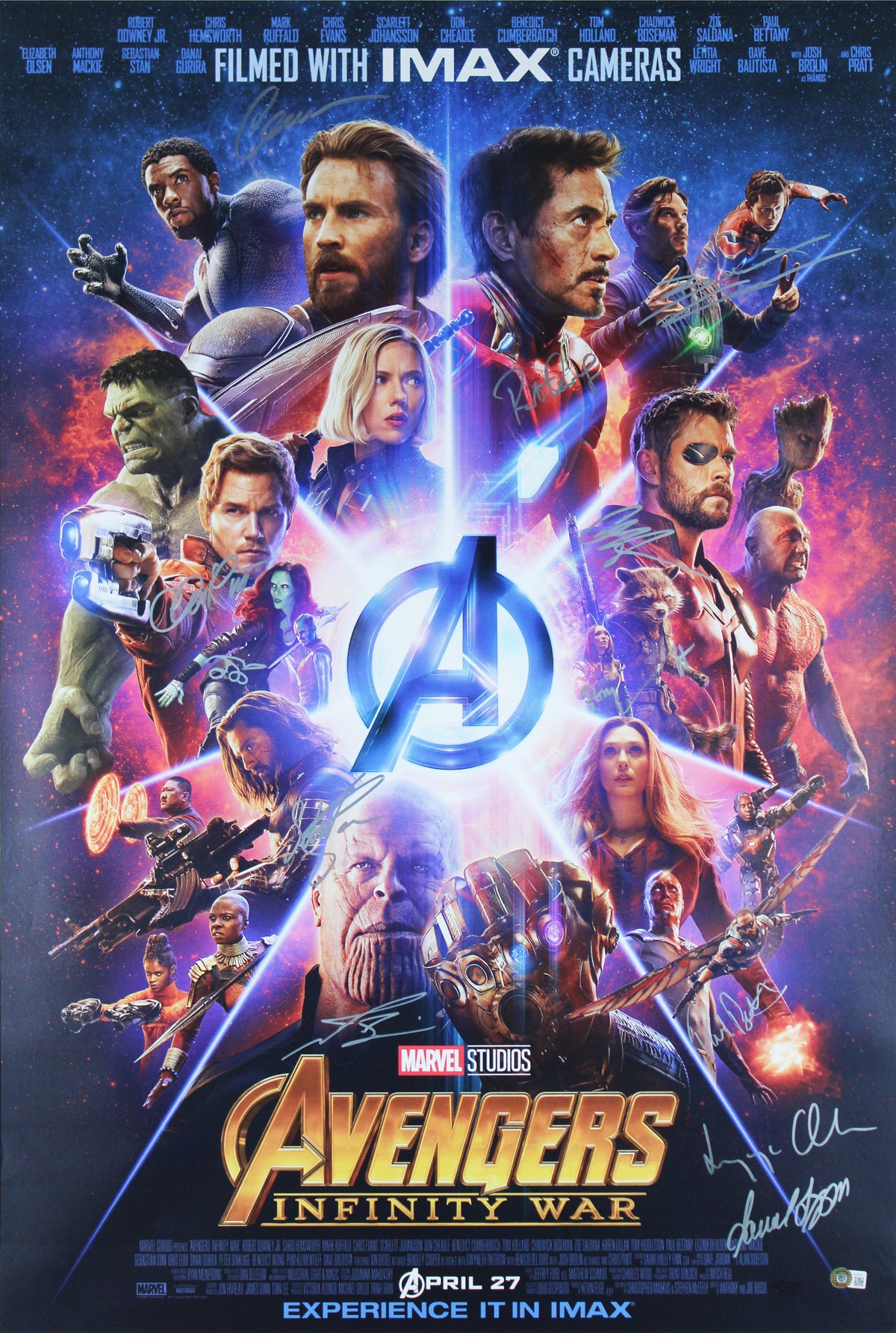 Avengers (12) Downey, Evans, Olsen Saldana, Pratt Signed 27x40 Framed Poster BAS