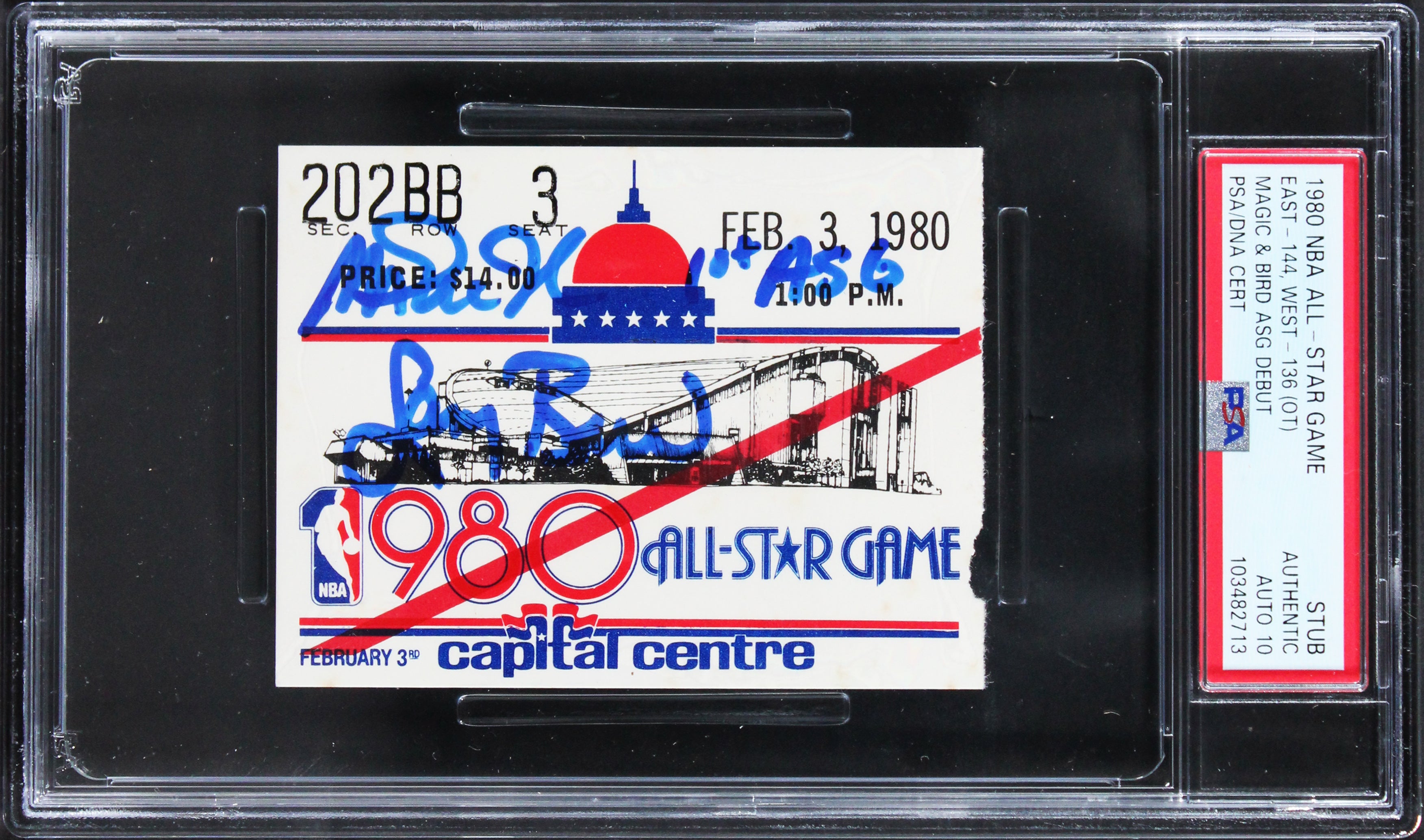 Magic Johnson & Larry Bird Signed 1980 NBA ASG Ticket Stub Auto 10! PSA/DNA Slab